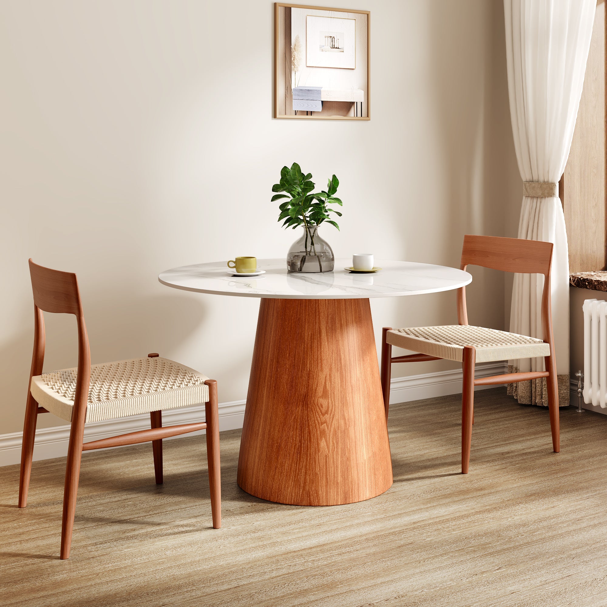 Small Round Solid Wood Pedestal Dining Table Table 43' For 2-4 Person -  White Grey