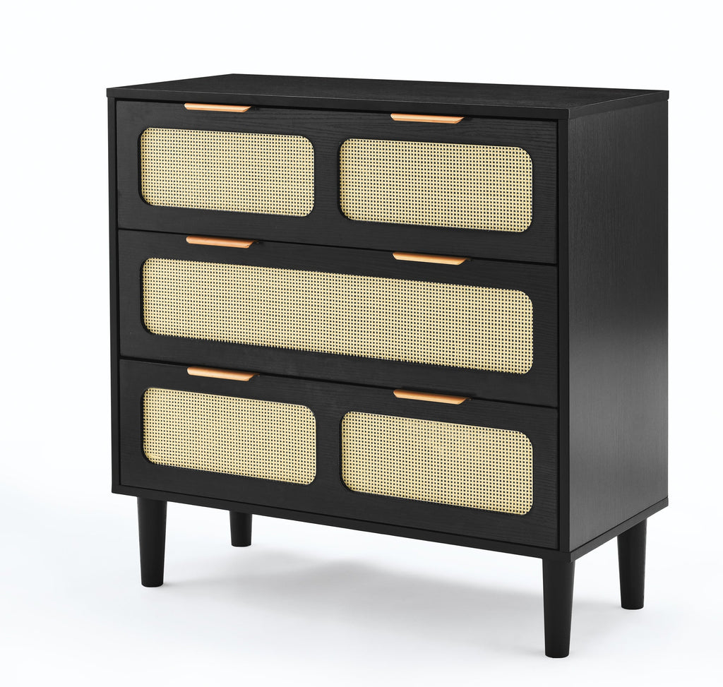3 drawer dresser, modern rattan dresser cabinet with wide drawers and metal handles, farmhouse wooden storage chest of drawers for room, living room, hallway, entrance, office