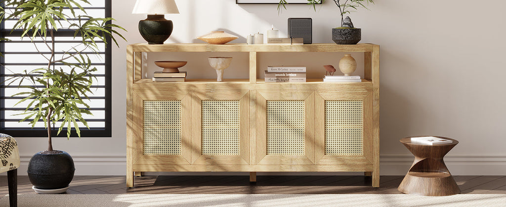 TREXM Bohemian Style Rattan Buffet Storage Cabinet with Solid Wood Frame, Sideboard with 3-position Adjustable Shelves for Living & Dining Rooms, No-Handle Push-to-Open Design (Natural)
