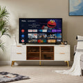Deluxe Sculpted Modern Fashion Geometric Style TV Stand, Aluminum Frame Tempered Glass Door 4 Drawer Chest with Adjustable Metal Feet ,White,59.9'L x 15.7'W x 21.7'H