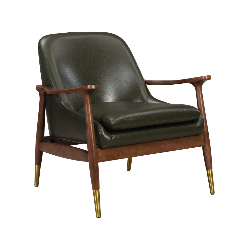 Mid-Century Faux Leather Accent Chair with Cushioned Seat, Solid Wood Frame, Brass-Tipped Legs, Cognac-Brown