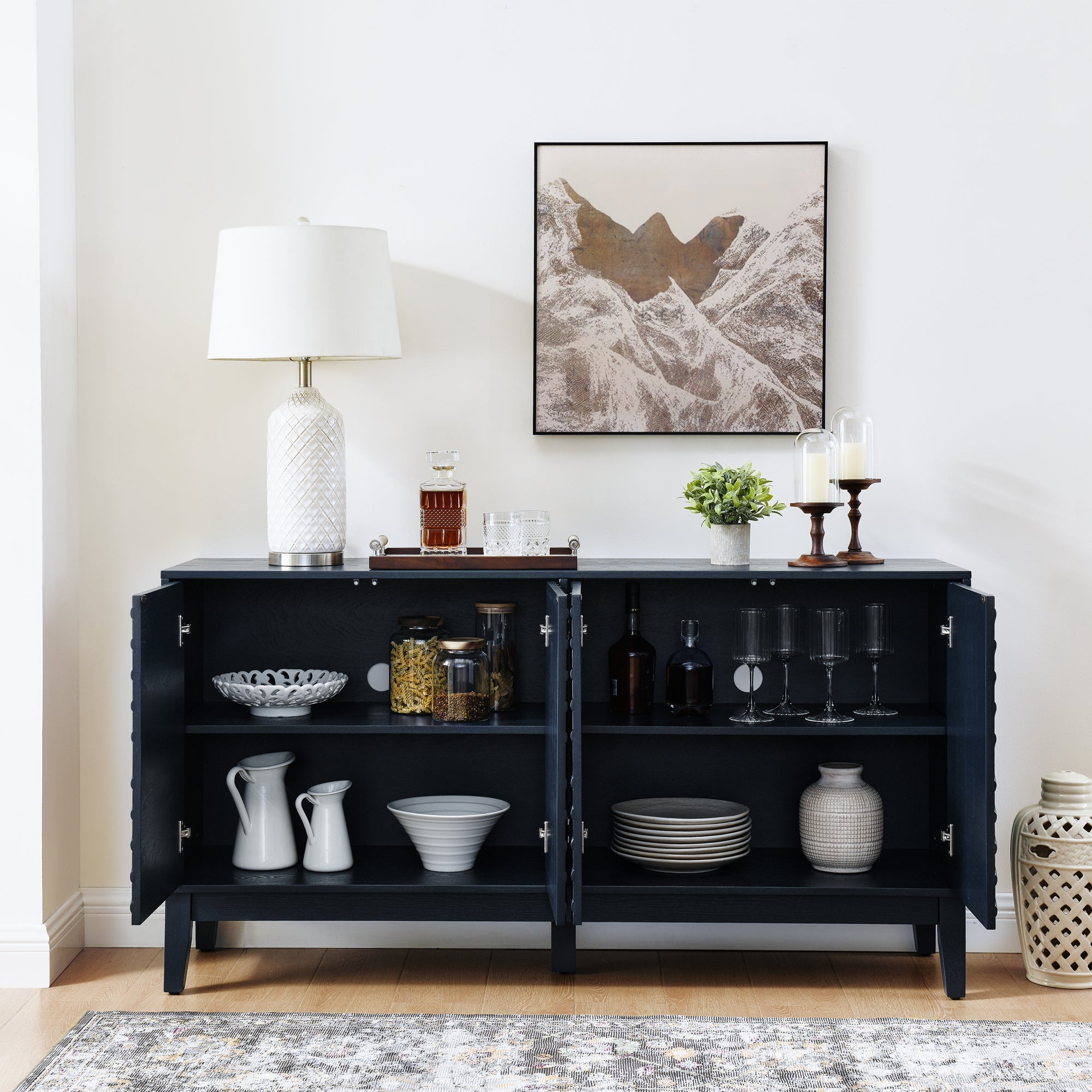 60.5'' Buffet Cabinet with Storage, Farmhouse Fluted Sideboard with Geometric Pattern & Adjustable Shelves, Mid Century Modern TV Stand for Living Room Kitchen Dining Room Entryway, Blue