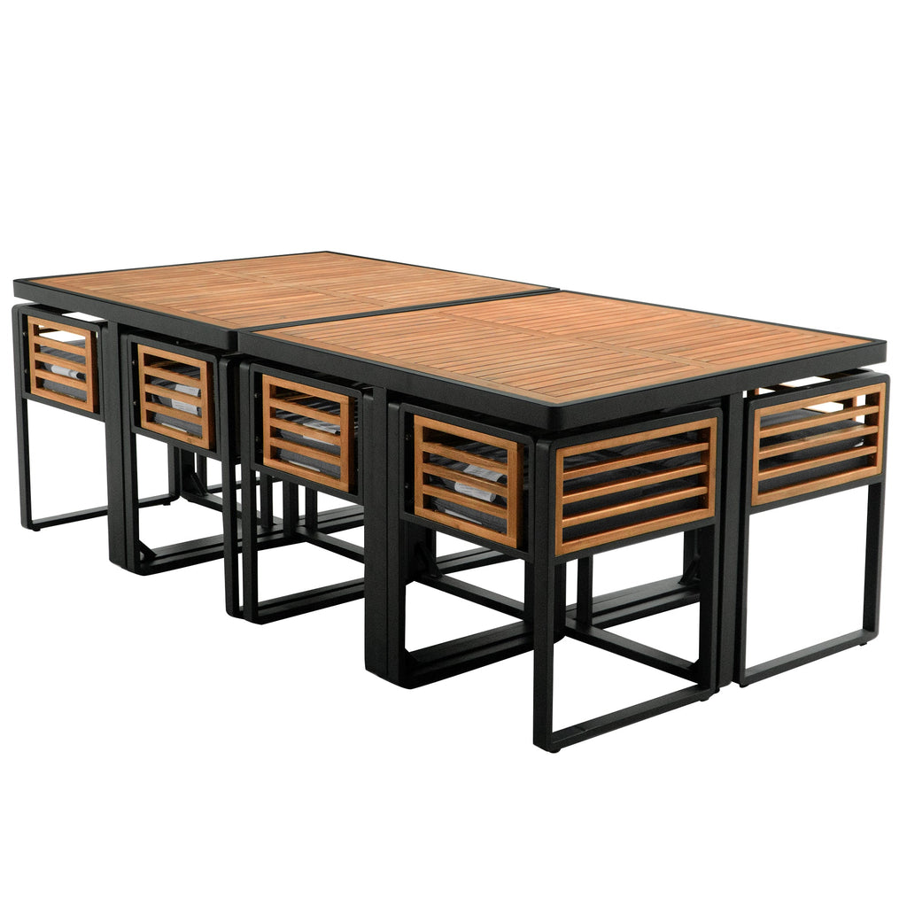GO 18-Pieces Acacia Wood Patio Dining Set, Space Saving Outdoor Patio Set, 8 Cushioned Chairs & 8 Ottomans & 2 Square Table, for Backyard, Garden, Deck and Poolside, Gray