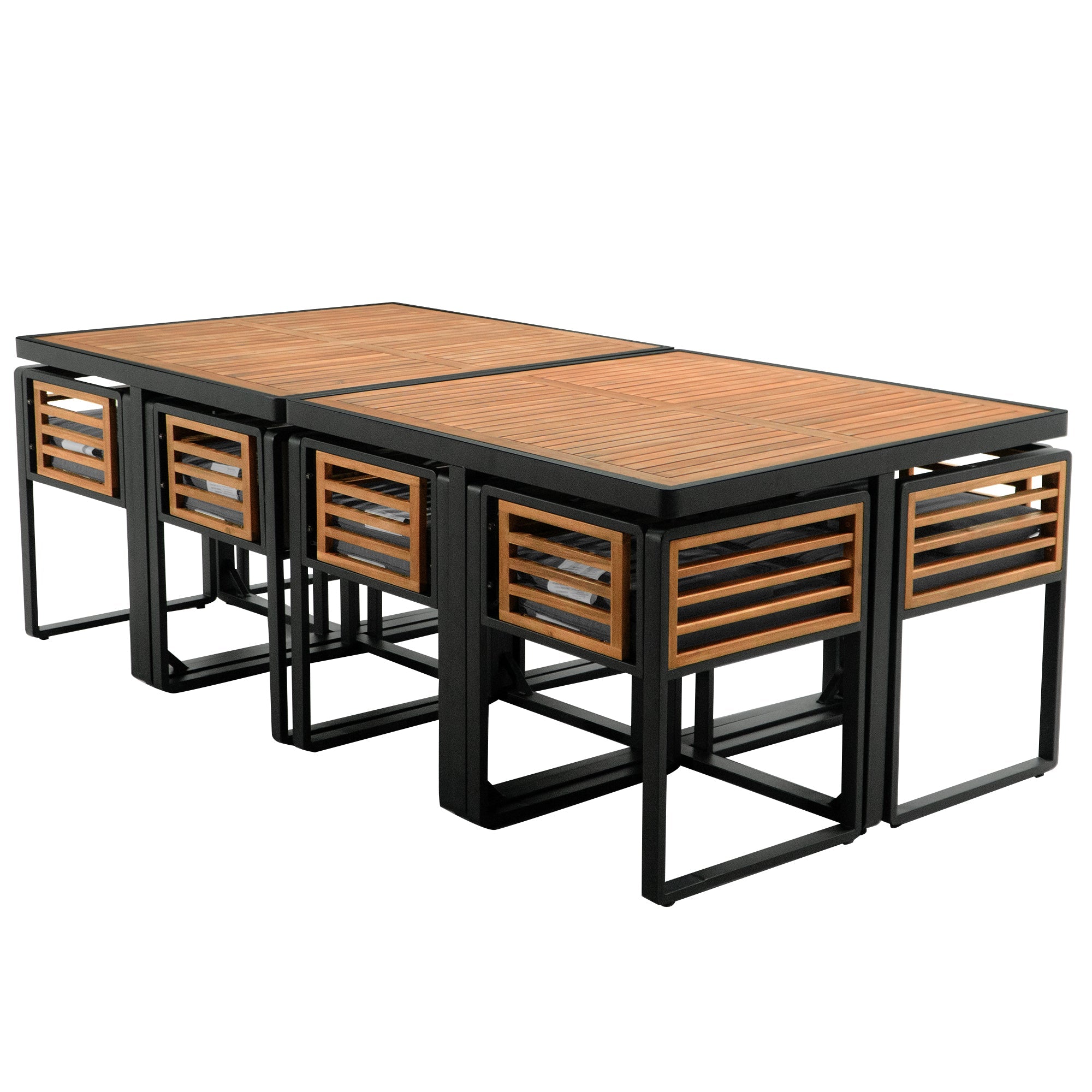 GO 18-Pieces Acacia Wood Patio Dining Set, Space Saving Outdoor Patio Set, 8 Cushioned Chairs & 8 Ottomans & 2 Square Table, for Backyard, Garden, Deck and Poolside, Gray