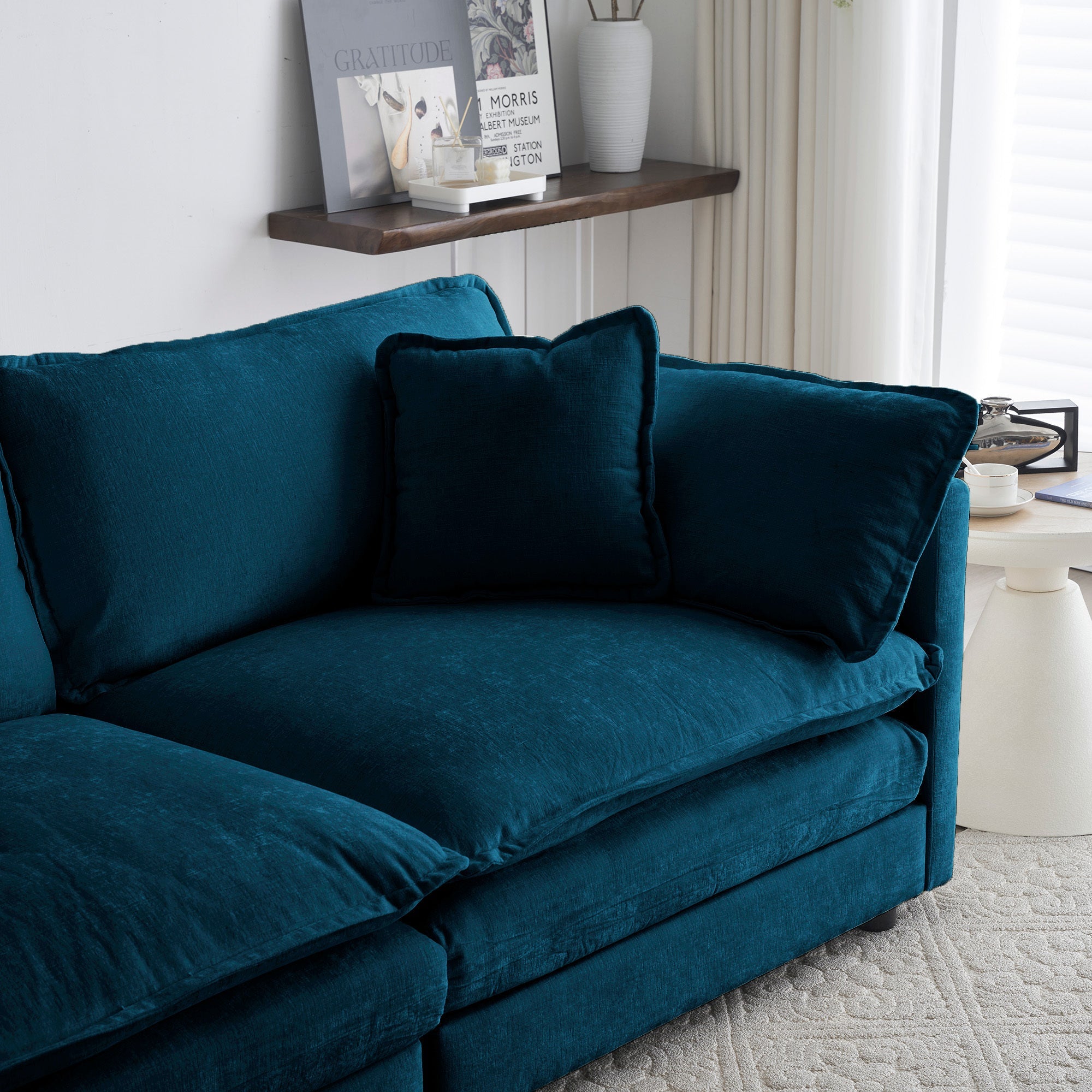 Comfortable Deep Seat Reversible Modular 6 Seater Sectional Super Soft Sofa U Shaped Sectional Couch with 3 Ottomans, 3 Toss Pillows and 2 Arm Pillows , Blue Chenille