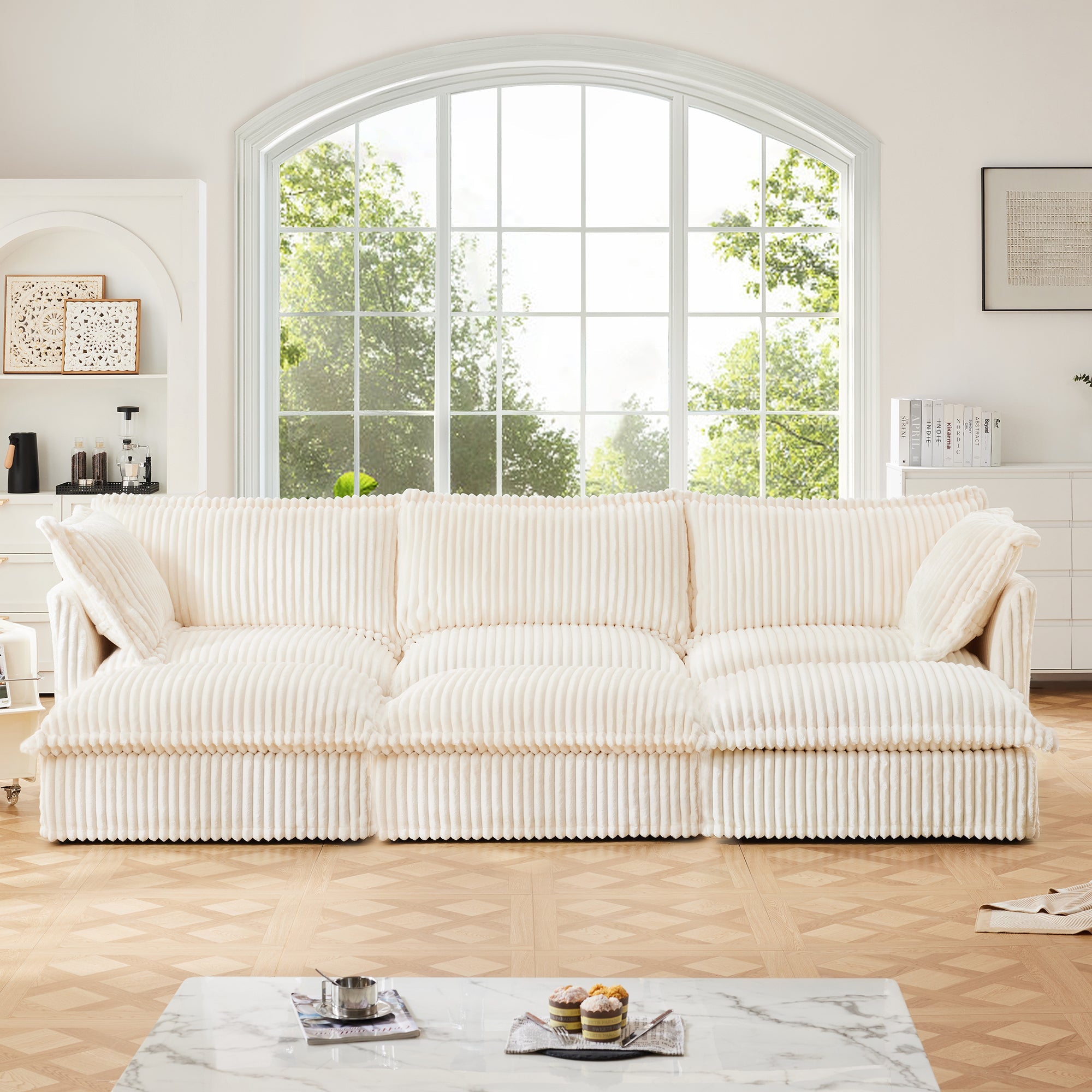 Living Room Sofa Slipcovered Sofa 3 Seater Sofa With 3 Ottomans, Oversized 3-Seat Sleeper Sofa Bed Home Theater Sofa, Corduroy, Cream