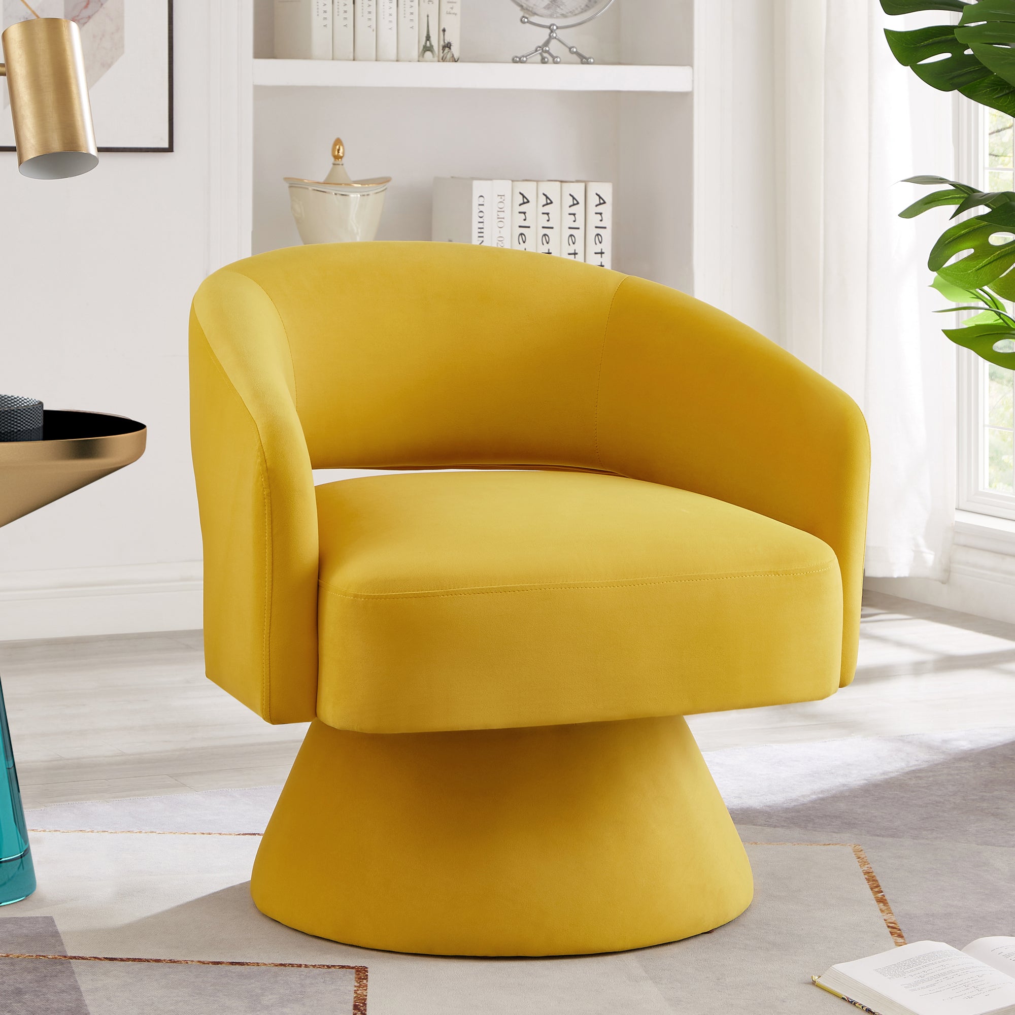 Modern Swivel Barrel Chair, Upholstered Velvet Round Accent Chairs,360 Degree Comfy Swivel Chair with Open Backrest, Single Chair Armchair for Living Room Bedroom, Homerest, Yellow