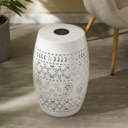 Solar Side Table with Built-in Solar Battery,Stunning Flower Pattern at Night,Eco-Friendly and Energy Efficient Outdoor Furniture Ideal,for Patios Gardens and Backyards(White)