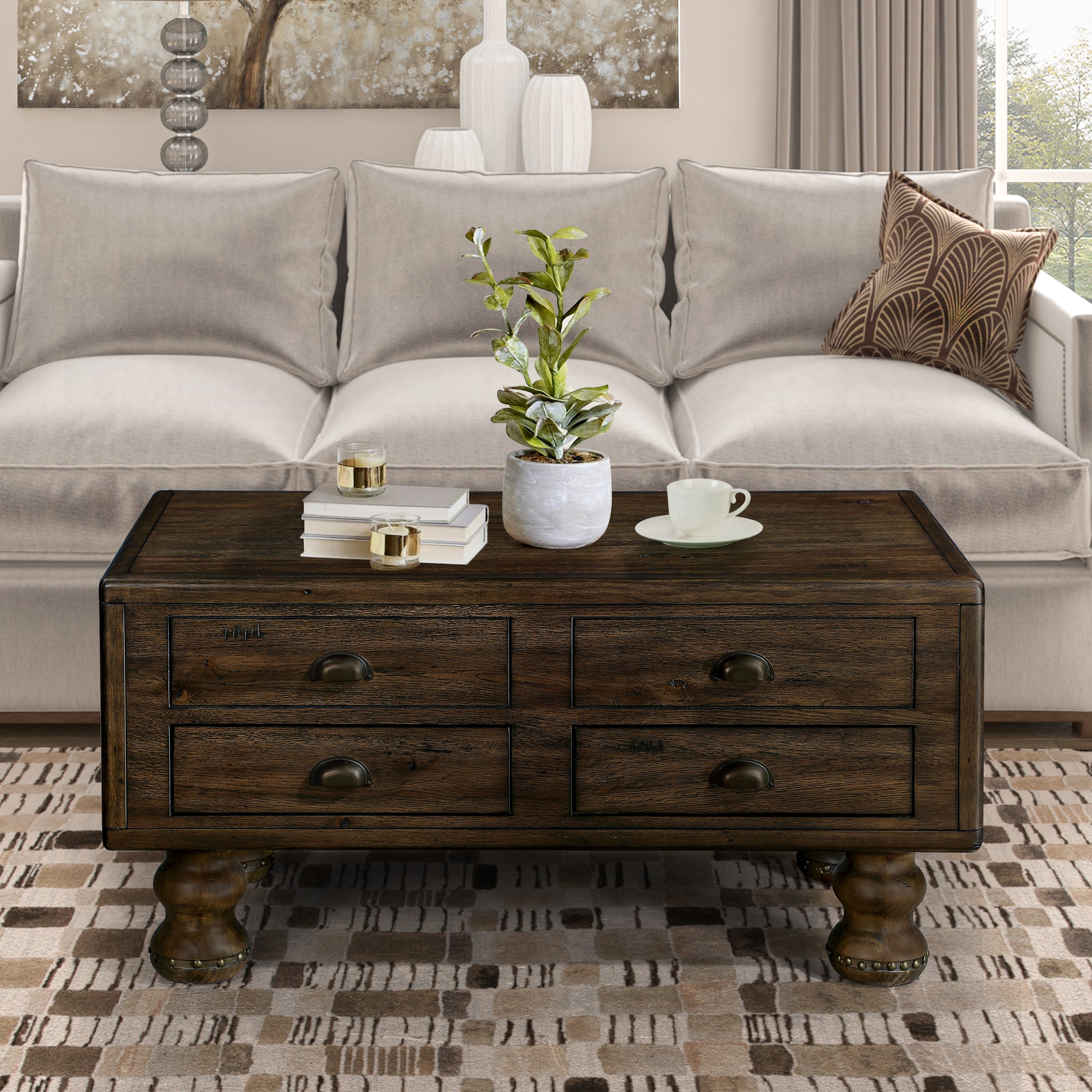 Rectangle Living Room Coffee Table Set,  3-Piece Solid Wood Living Room Table Set, 1 Coffee Table and 2 End Table, Wood Center Table Tea Table Set with Rivet Decoration Legs.Espresso