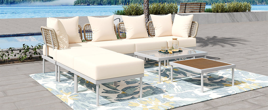 TREXM 8-Piece Patio Sectional Sofa Set with Tempered Glass Coffee Table and Wooden Coffee Table for Outdoor Oasis, Garden, Patio and Poolside (Beige Cushion + White Steel)