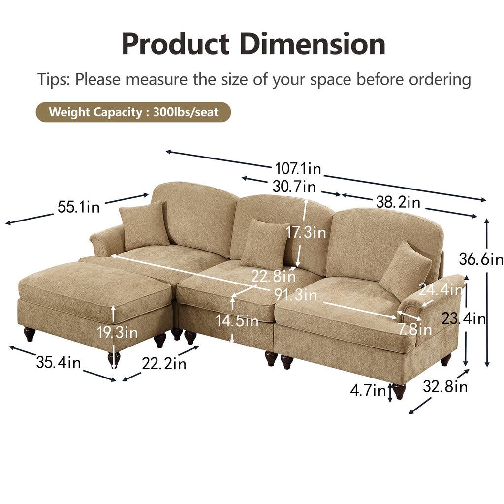 Mid Century Three Seater Modular L Shaped Sectional Couch with Flared Arms and Removable Ruffles Pleats Skirts and Spindle Legs, Comfy Chenille 3-Seat Deep Seat Sofa with Movable Ottoman,Light Coffee