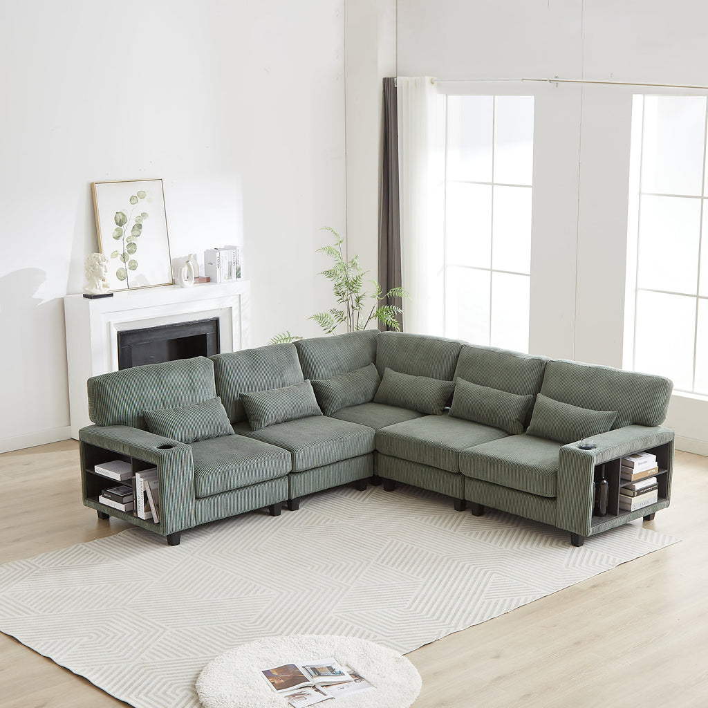 102.75*102.75' L-Shaped Modular Sectional Sofa, Modern Corduroy Sectional Sofa, Arm with Storage With Cup Holder 5-Seat Convertible Sectional Sofa for Living Room, Bedroom, Lounge and Projection Room