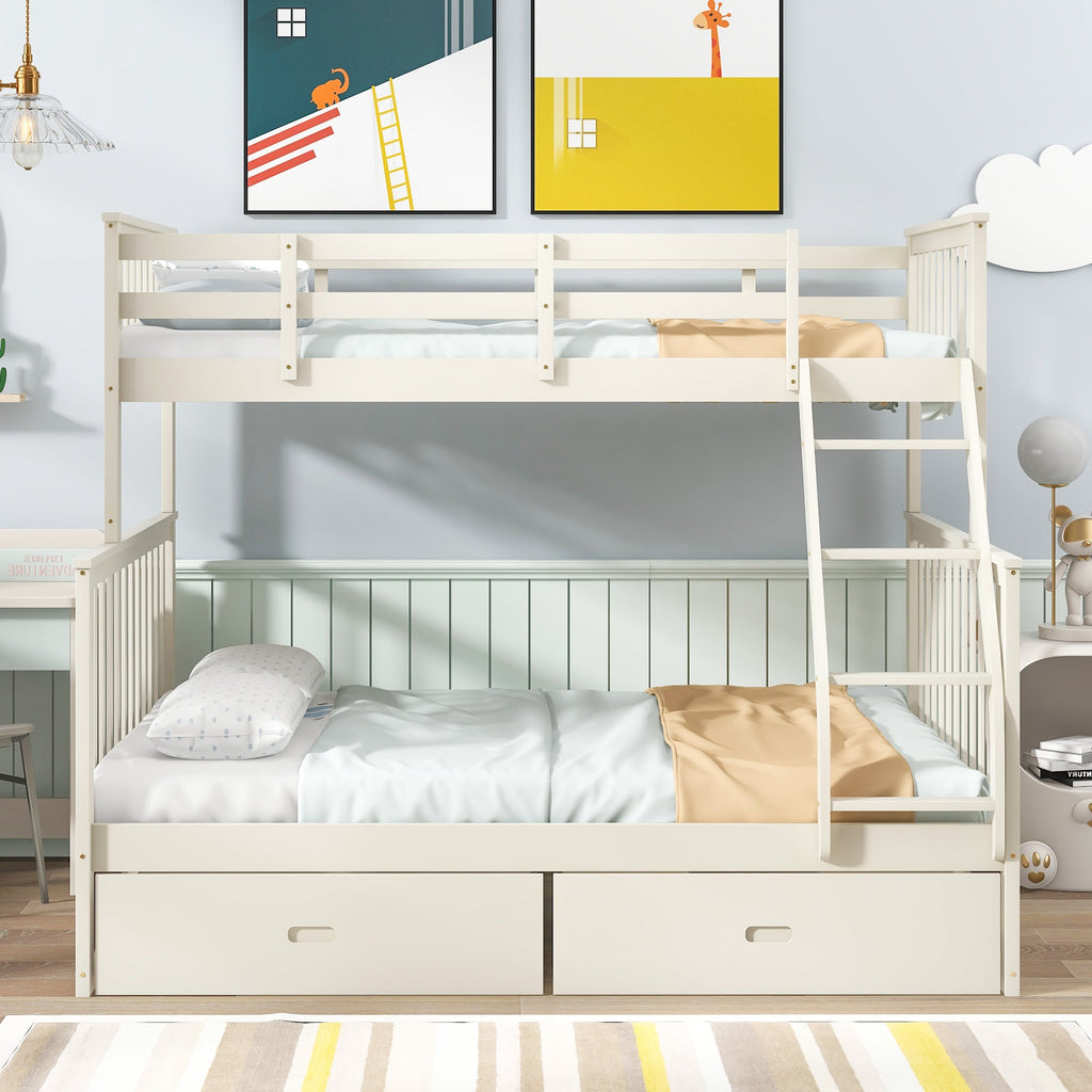 Twin Over Full Bunk Bed with Storage Drawers, Wooden Bunk Bed with Ladder and Safety Guard Rails –Cream