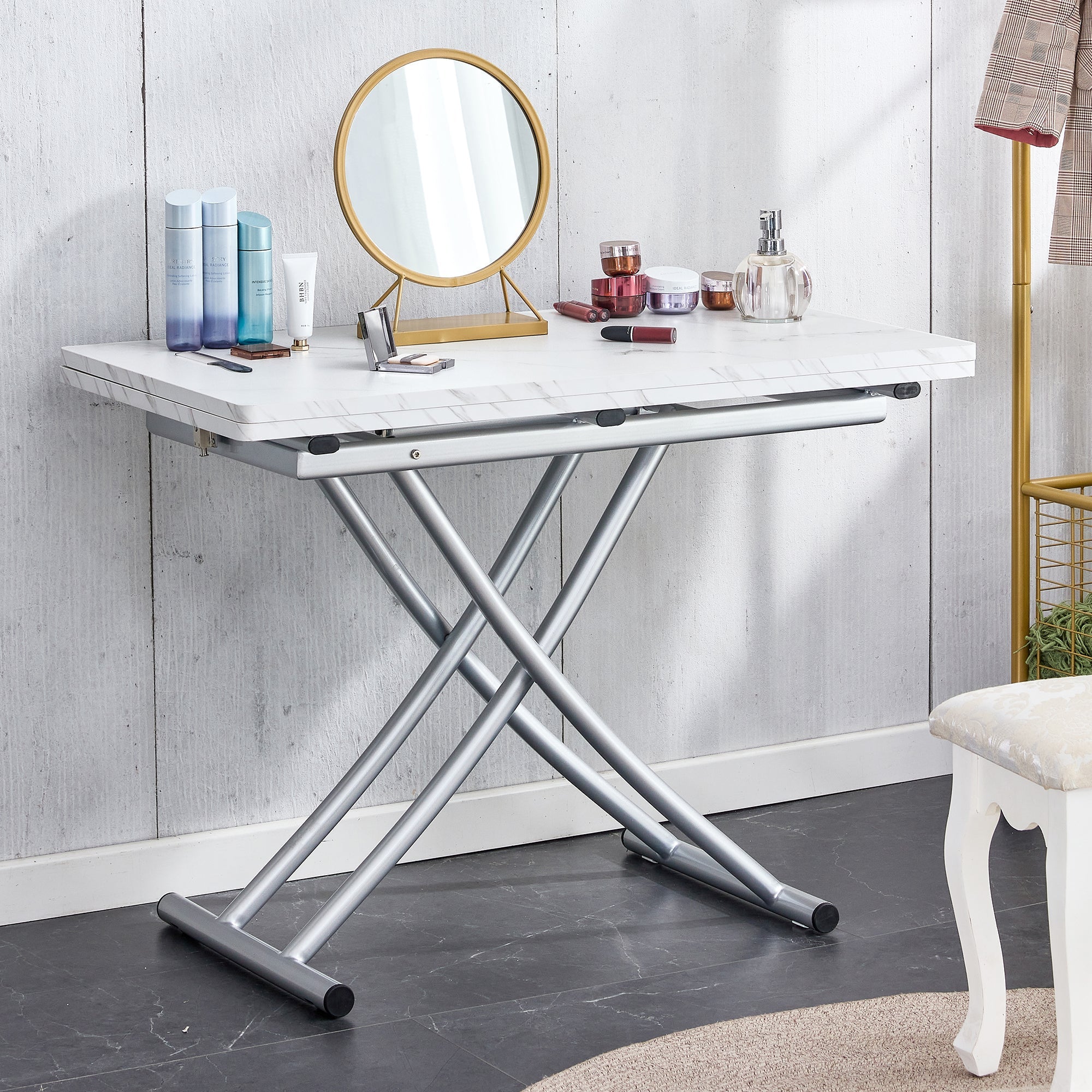 Modern minimalist multifunctional lift table with 0.8 inch MDF desktop and silver metal legs, can be used as a dressing table, coffee table, dining table, and office table