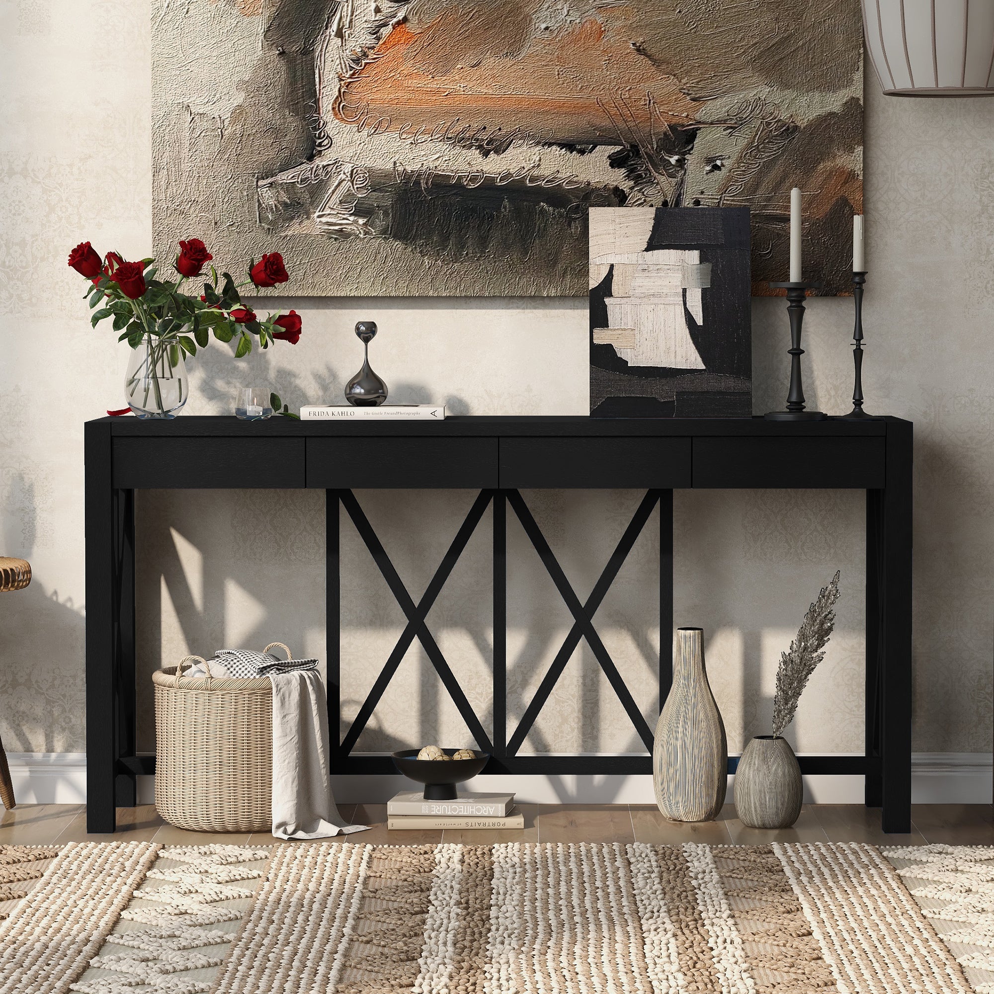 U_Style 60''Acacia Veneer Console Table with 4 Spacious Drawers, Modern Crisscross Design Entryway Table with Open Bottom Storage,Farmhouse Sofa Table for Living Room,Kitchen,Dining Room,Hallway