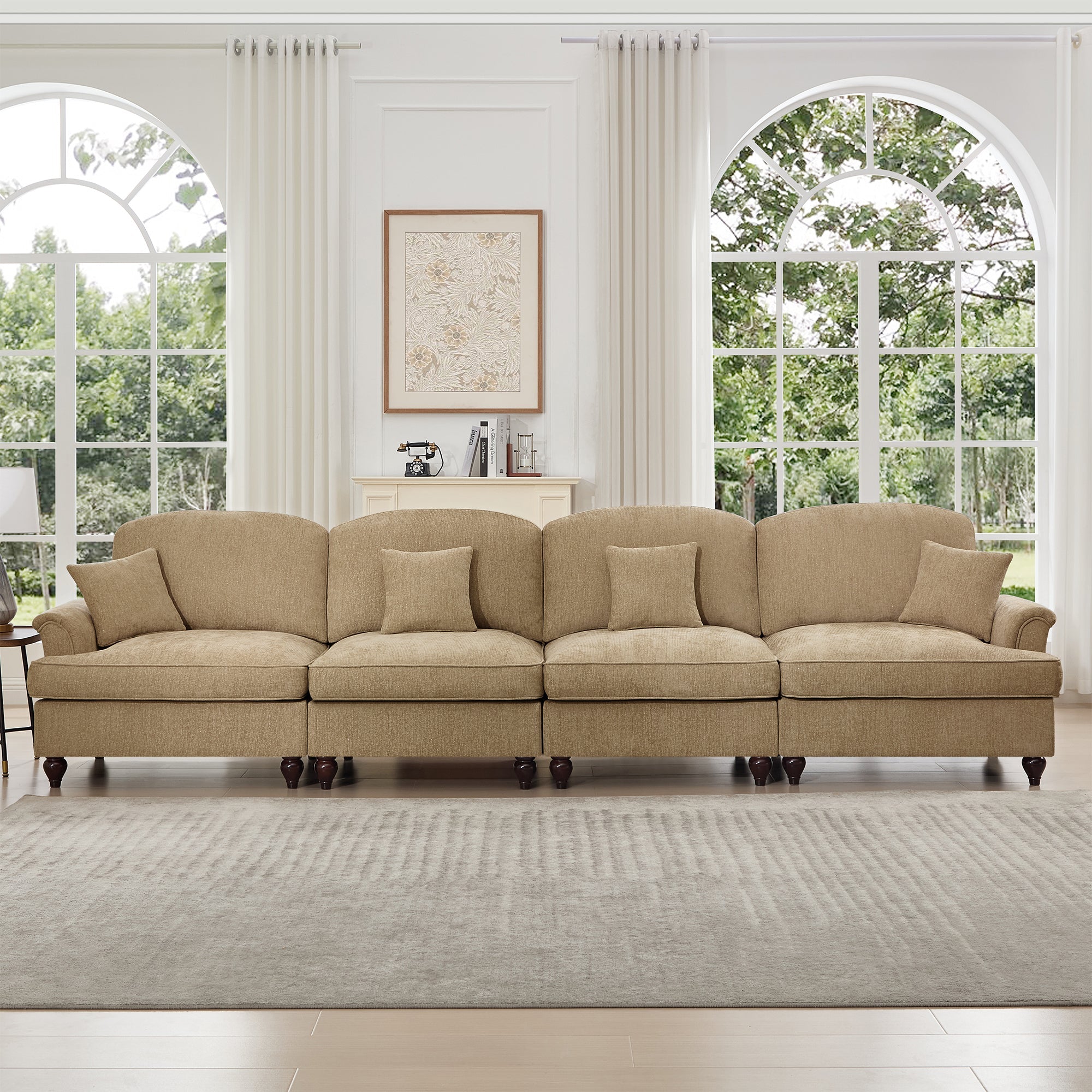 Elegant Mid Century Large 4 Seater Sofa Couch with Flared Arms and Removable Ruffles Pleats Skirts and Spindle Legs, Comfy Chenille Four-Seat Sofa for Living Room, Light Coffee