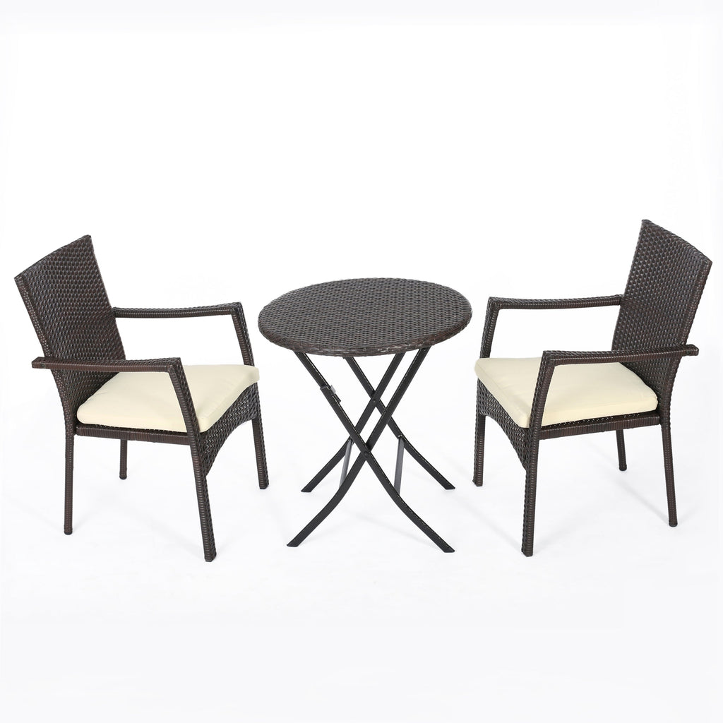 Outdoor 3-Piece Bistro Set with Water Resistant Cushions and 2 Chairs, Brown Multi