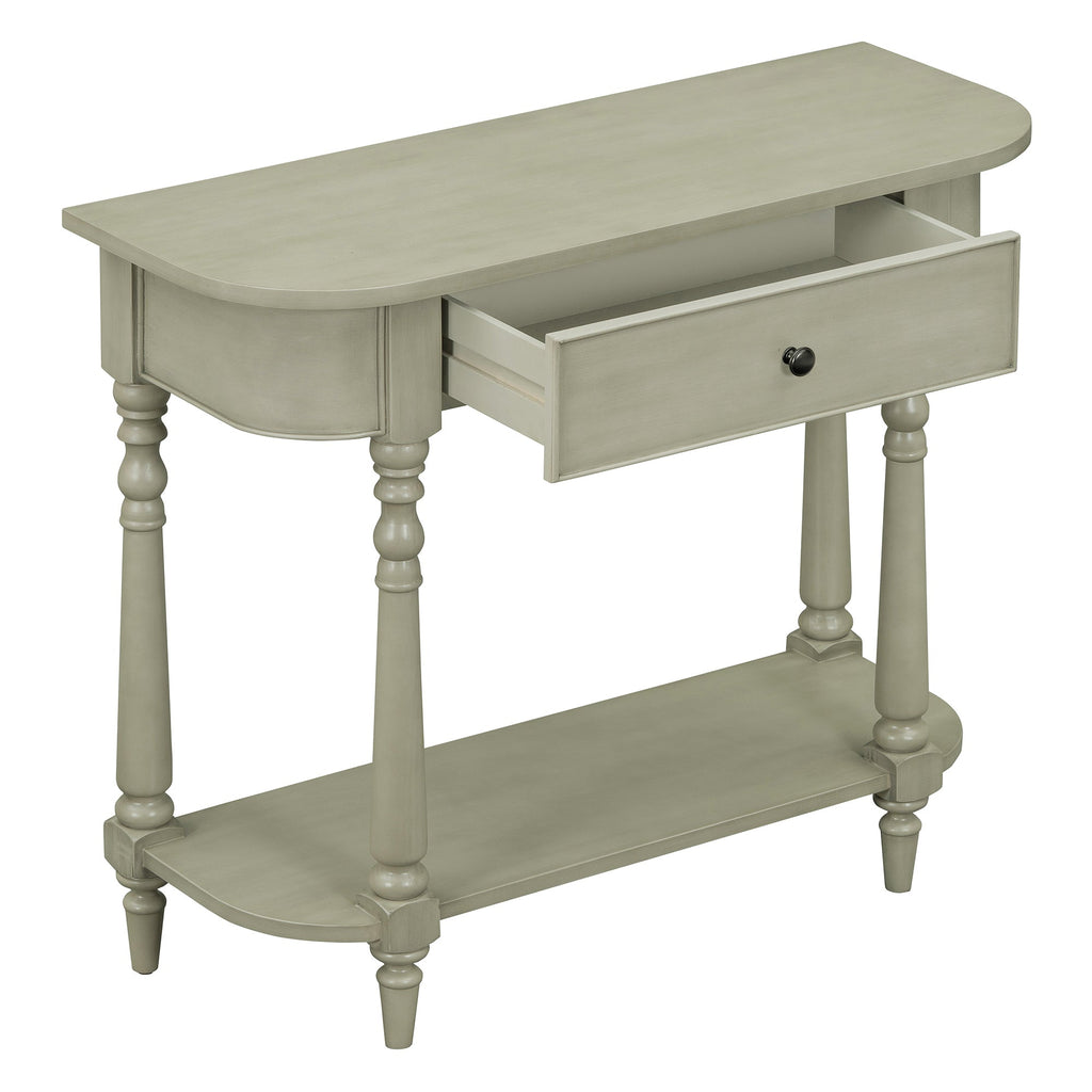 TREXM Narrow Console Table with Curved Corner, Retro Entryway Table with Top Drawer and Open Shelf, Sofa Table Console Tables for Entryway, Hallway and Living Room (Gray)