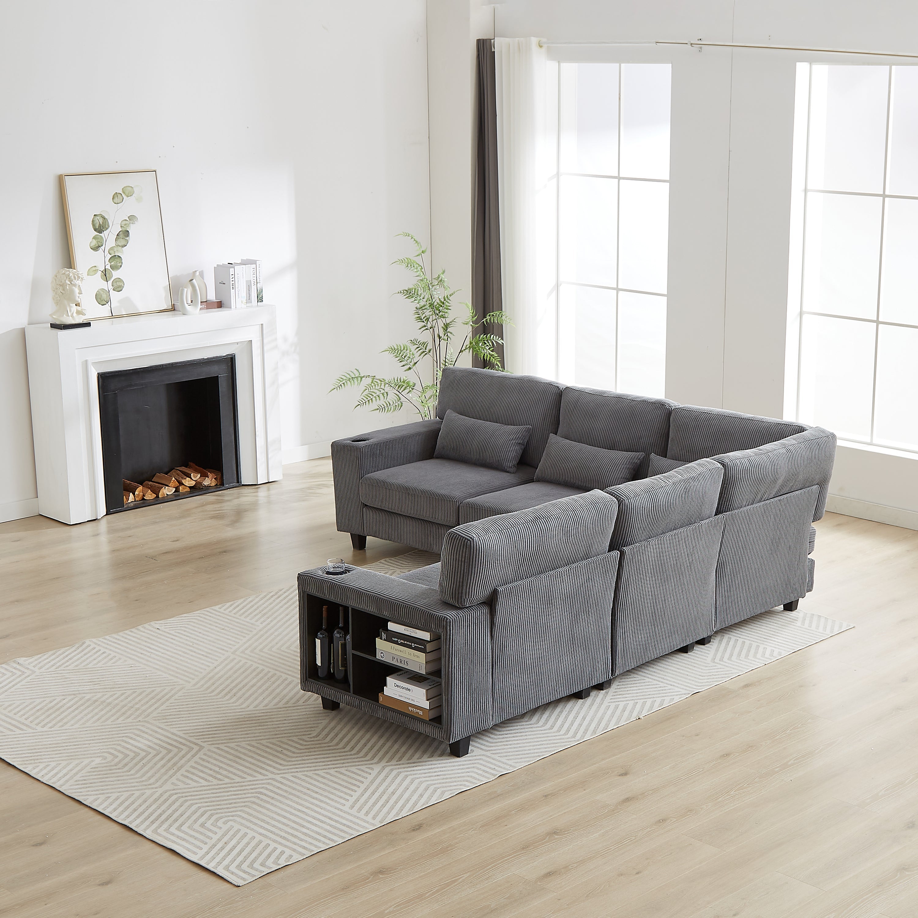 102.75*102.75' L-Shaped Modular Sectional Sofa, Modern Corduroy Sectional Sofa, Arm with Storage With Cup Holder 5-Seat Convertible Sectional Sofa for Living Room, Bedroom, Lounge and Projection Room