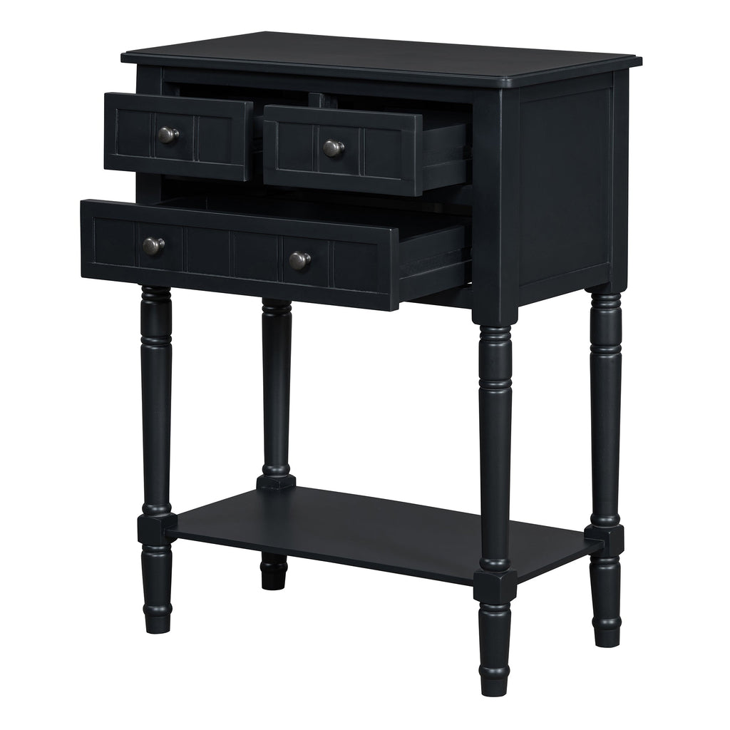 TREXM Narrow Console Table, Slim Sofa Table with Three Storage Drawers and Bottom Shelf (Black)