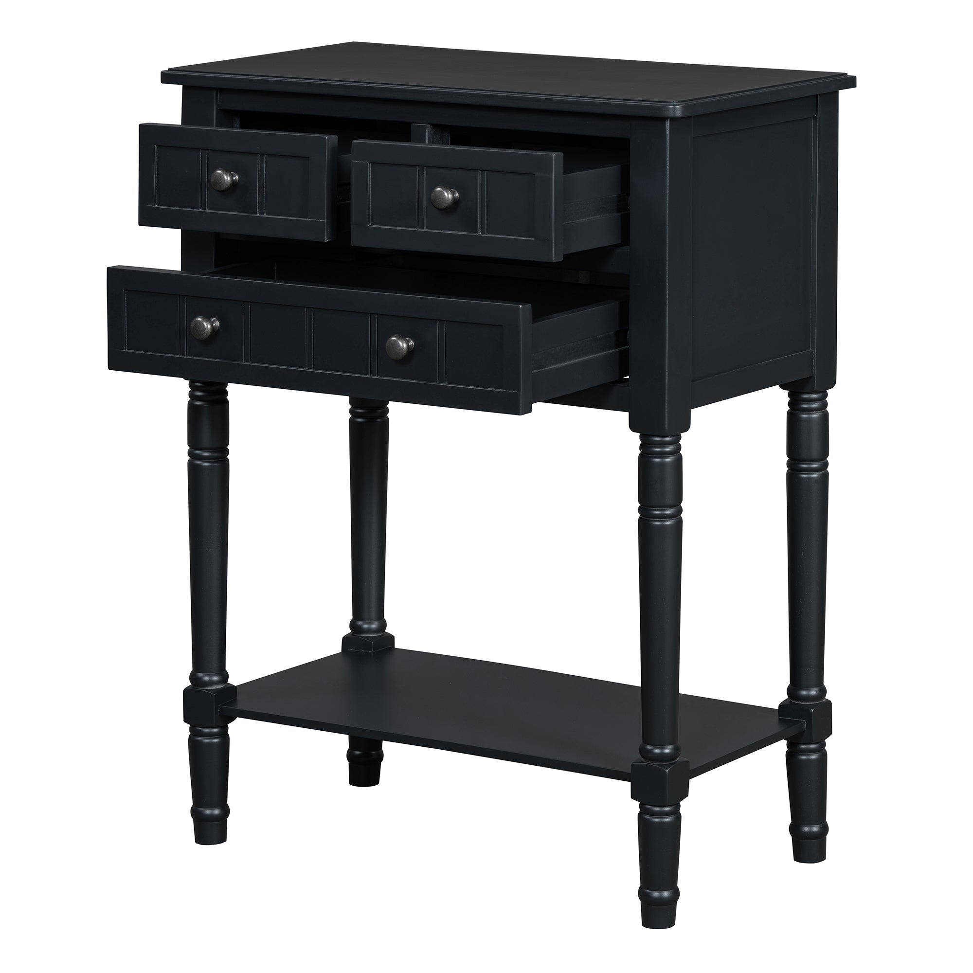 TREXM Narrow Console Table, Slim Sofa Table with Three Storage Drawers and Bottom Shelf (Black)