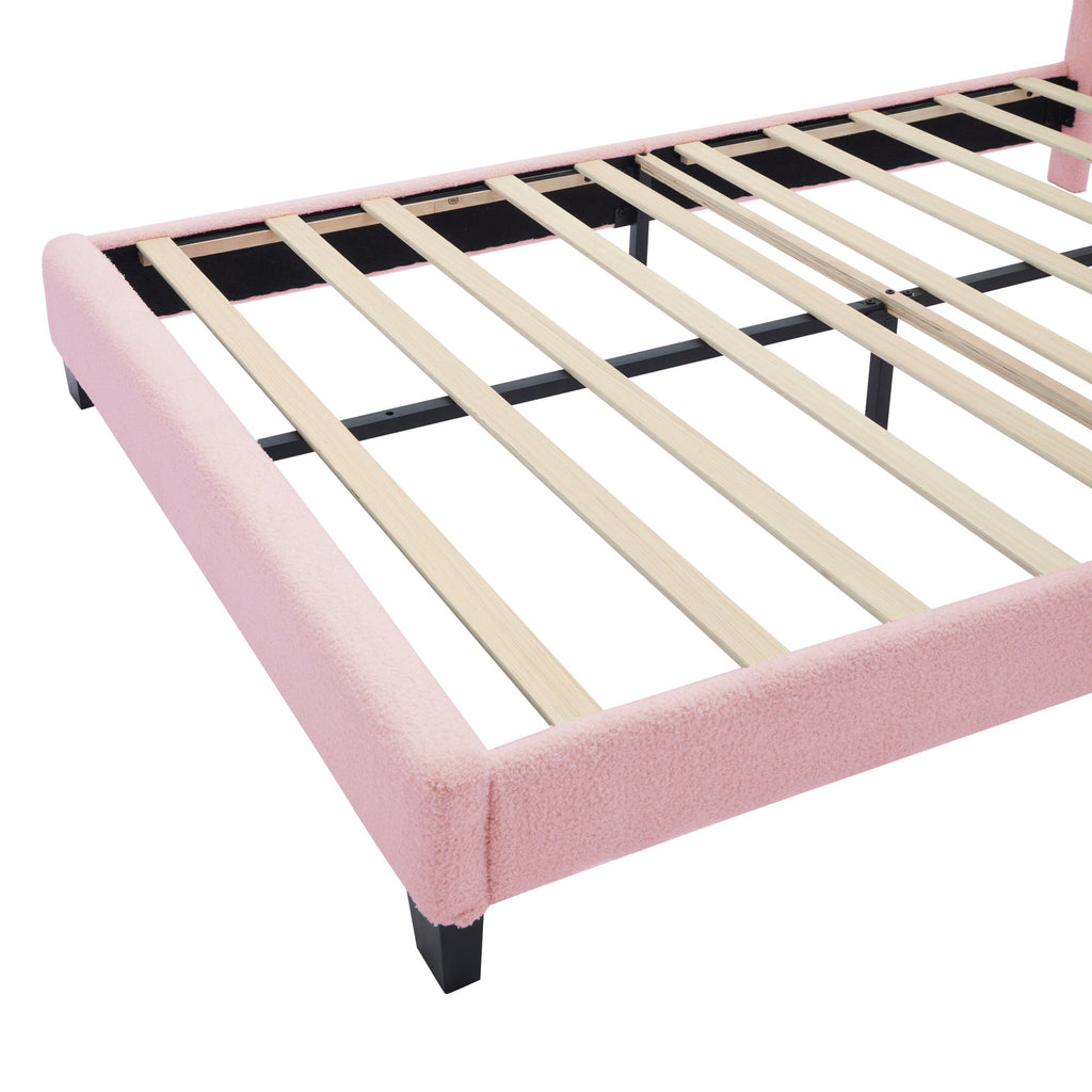 2-Pieces Bedroom Sets Full Size Flower-Shaped Upholstered LED Platform Bed with Storage Ottoman-Sherpa Fabric, Pink