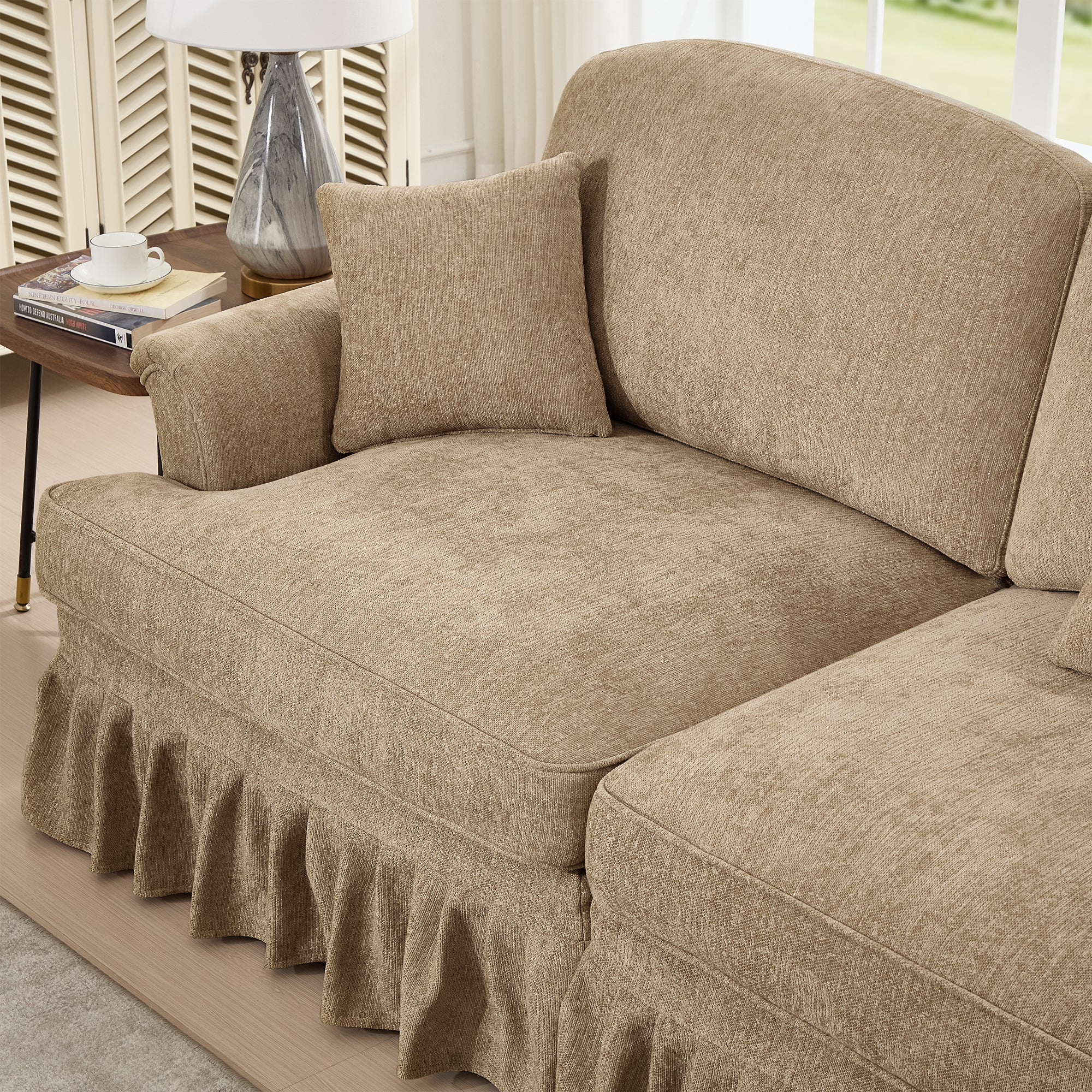 Classic Three Seater Modular L Shaped Sectional Couch with Flared Arms and Removable Ruffles Pleats Skirts and Spindle Legs, Comfy Chenille Four-Seat Deep Seat Sofa with Movable Ottoman, Light Coffee