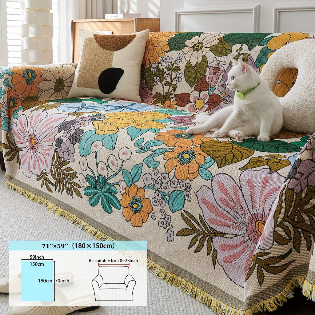 Linen Sofa Cover | Floral Tassel Throw, Pet-Friendly & Non-Slip