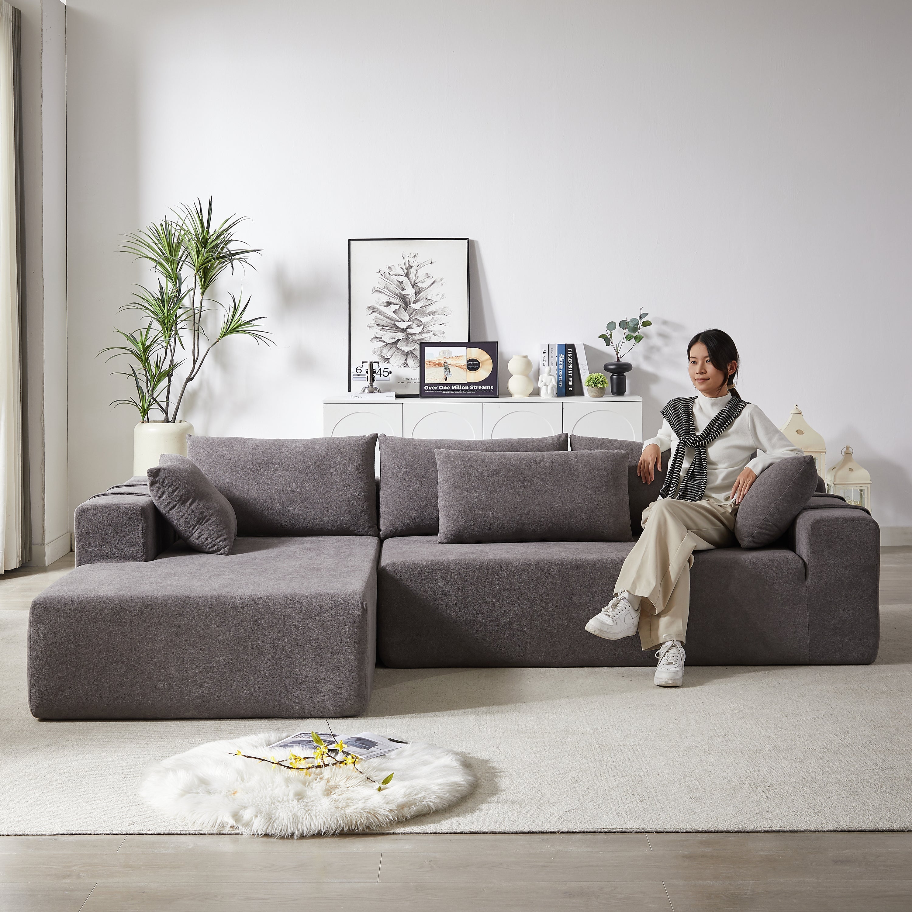 Modern Chenille Upholstered Sectional Sofa Couch Set,Modular 108' L Shaped Sectional Living Room Sofa Set With 6 Pillows,Free Combination Sofa Couch for Living Room,Bedroom(Left Chaise)