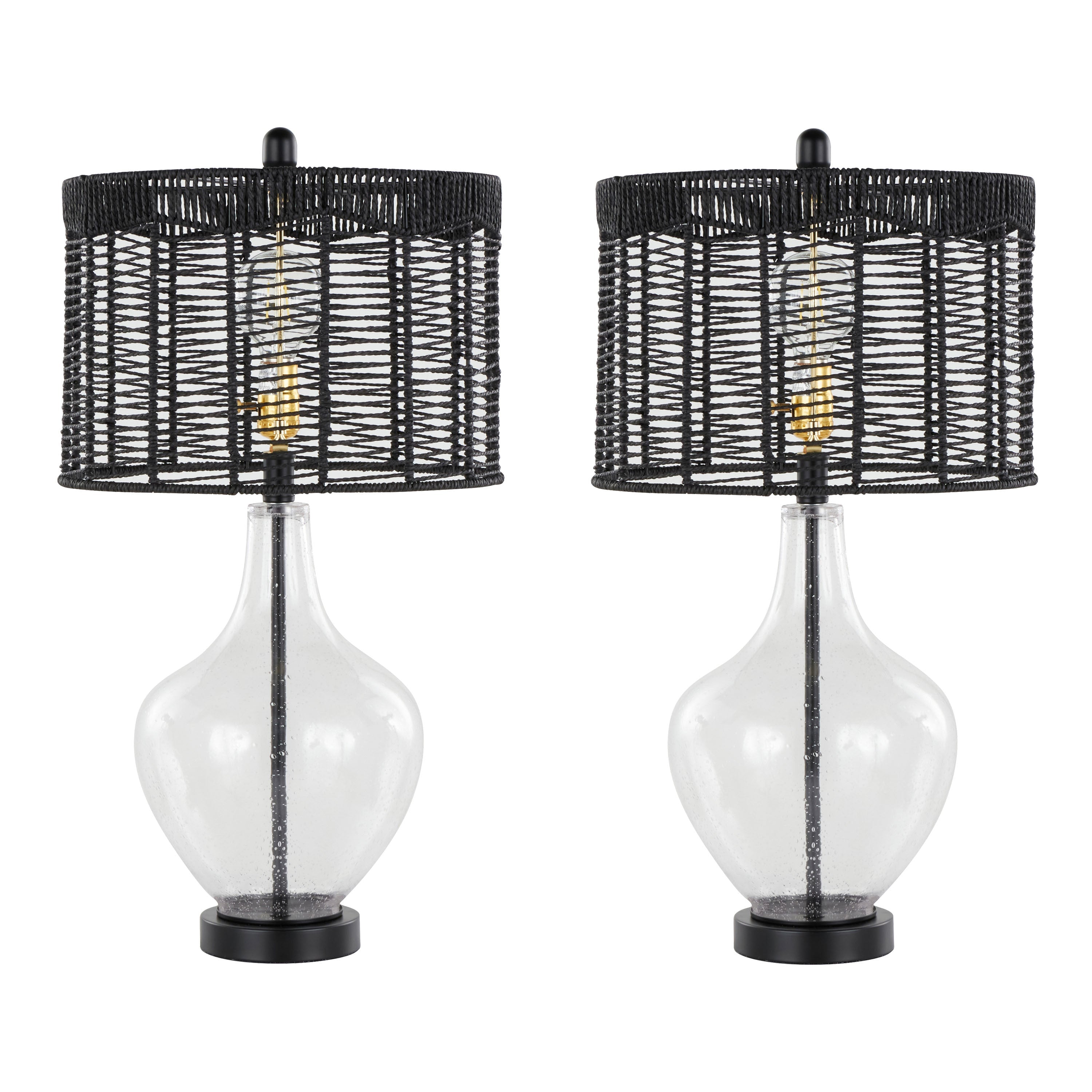 Jenna 26 ' Contemporary Glass Table Lamp in Clear Seeded Glass, Matte Black Metal and Matte Black Rope Rattan Shade from Grandview Gallery by LumiSource - Set of 2