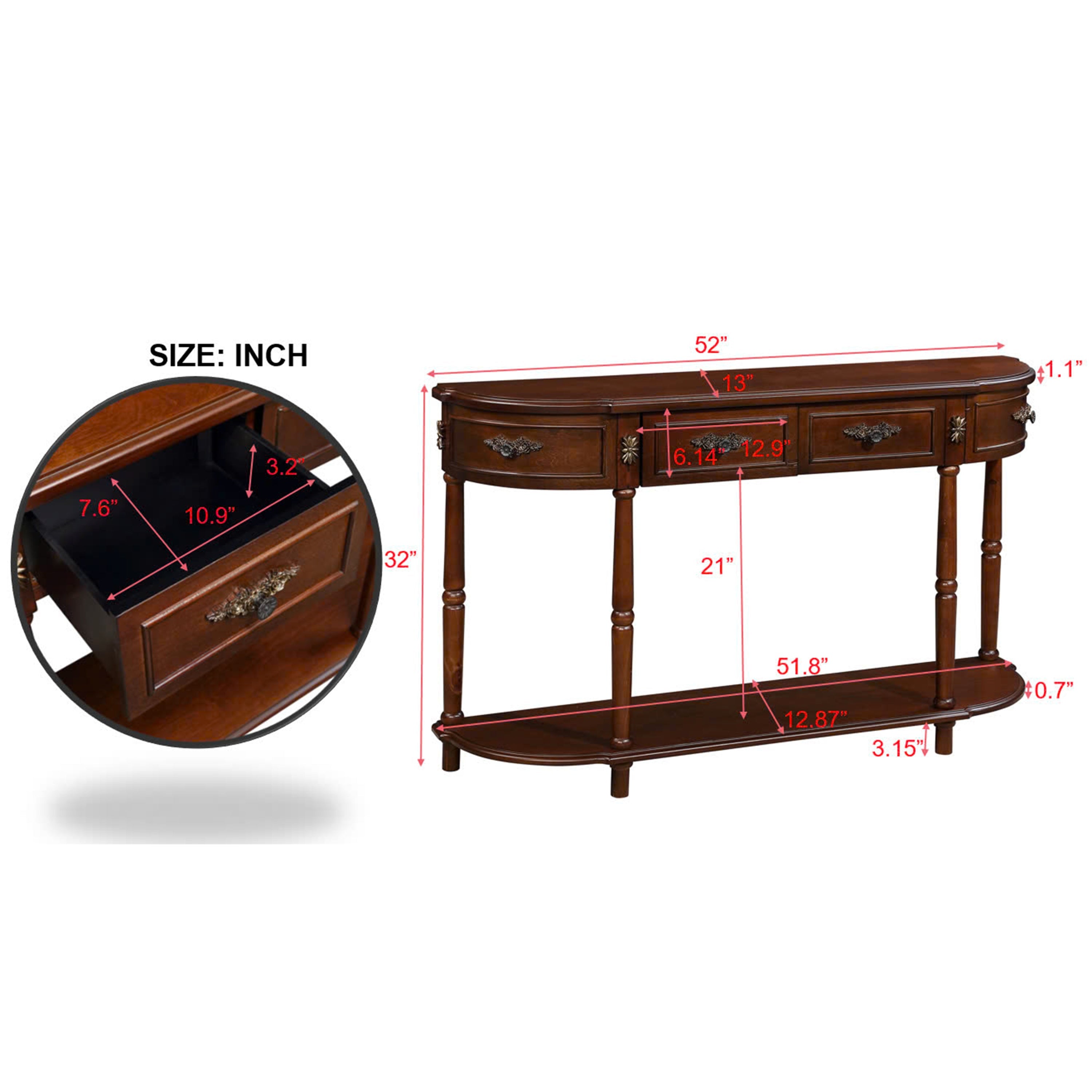 Retro Curved Wood Console Table, 52 inch Circular Half Moon Sofa Table with Open Shelf and 2 Drawers, Solid Wood Entry Table for Living Room, Hallway, Cherry