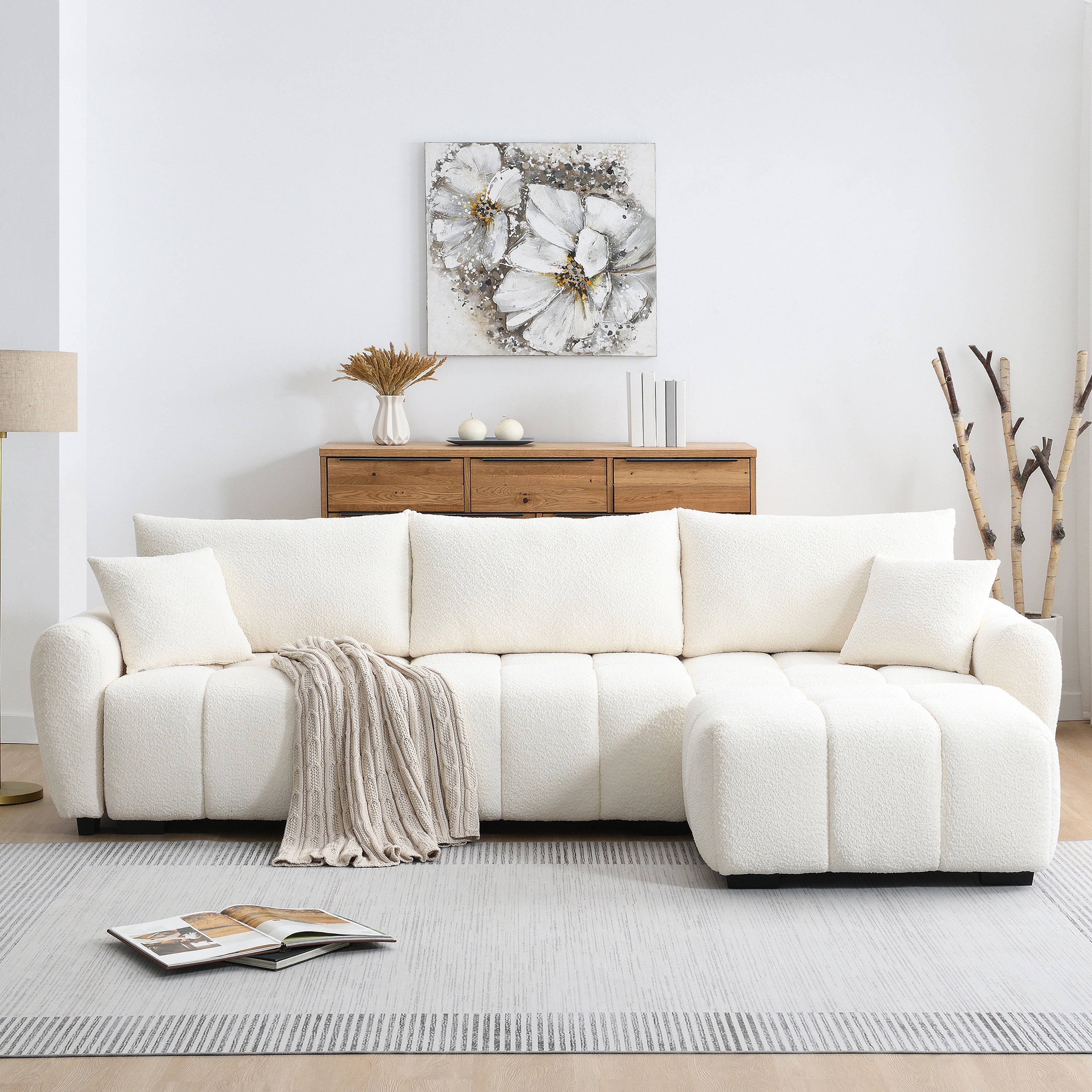 110' Modular Sectional Sofa, L Shape with Extra-large Seat, Pull-line Design, Movable Ottoman, High Density Foam, Free Combination, Sturdy Metal&Wood Frame, Boucle Fabric, 3 Colors
