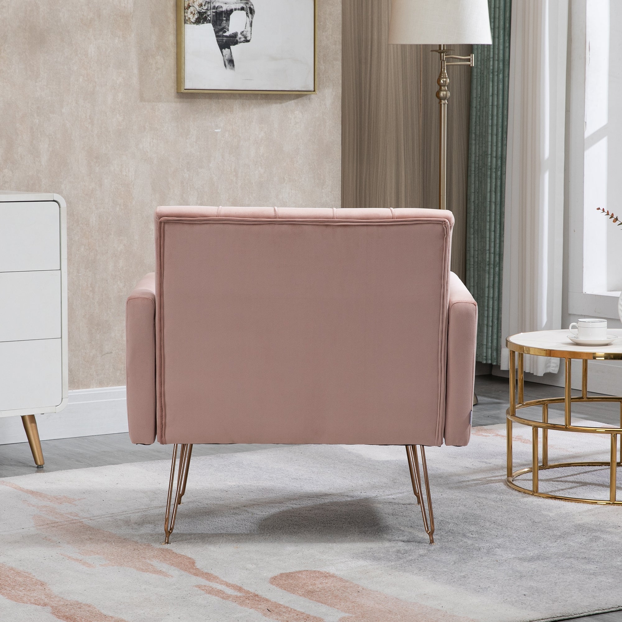 COOLMORE Velvet Armchair Single Sofa Modern Tufted Upholstered Side Reading Chairs with Arm and Gold Metal Leg for Living Room Bedroom (Pink)