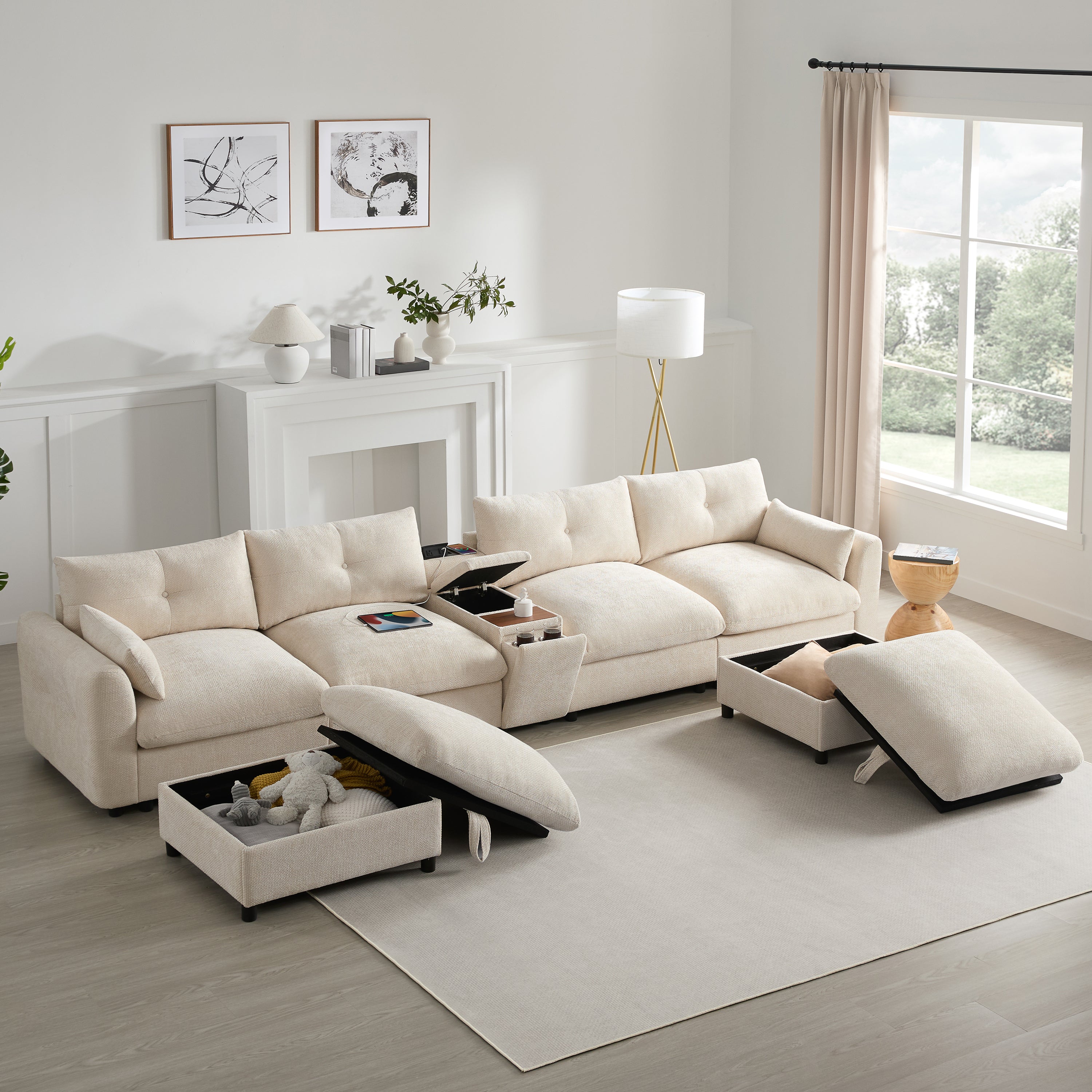 142'' Modular Sectional Sofa with Movable Storage Ottoman and Console,Cup Holder,Wide Seat,6 Seat U Shaped Couch,Oversized Chenille Sofa with USB Charger for Living Room,Apartment,2 Colors