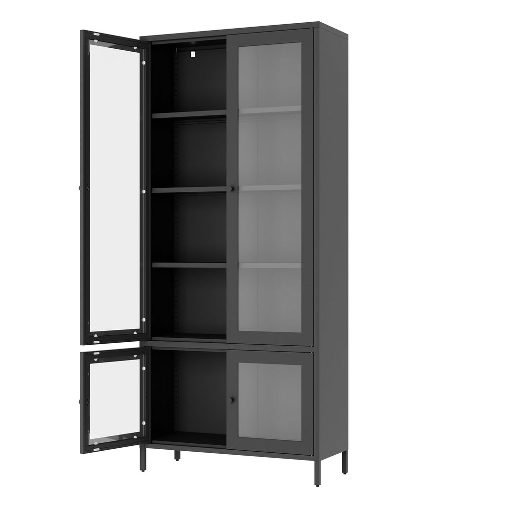 Large Metal Storage Cabinet Display Cabinet with 4 Glass Doors 5 Shelves Side Cabinet Bookcase Freestanding Cabinet for Bedroom Living Room Pantry Home Office - Black, Reinforced Tempered Glass