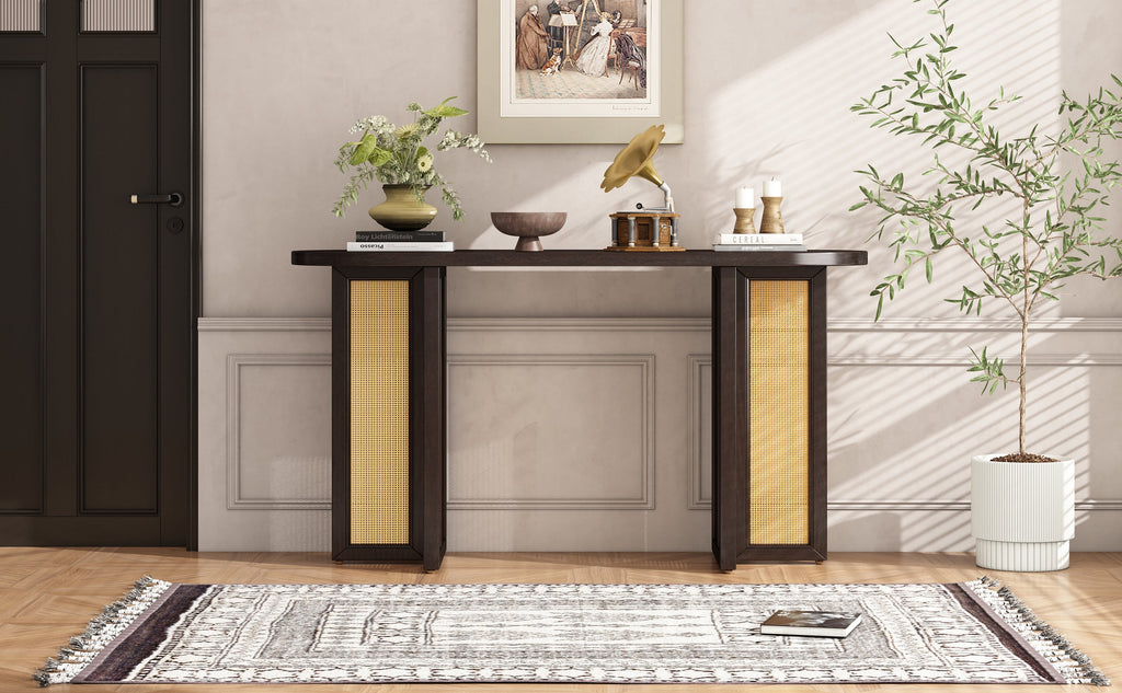 TREXM Farmhouse Rattan Console Table Entryway Table, Narrow Console Table with Storage, Hallway Table for Living Room, Entrance (Espresso)
