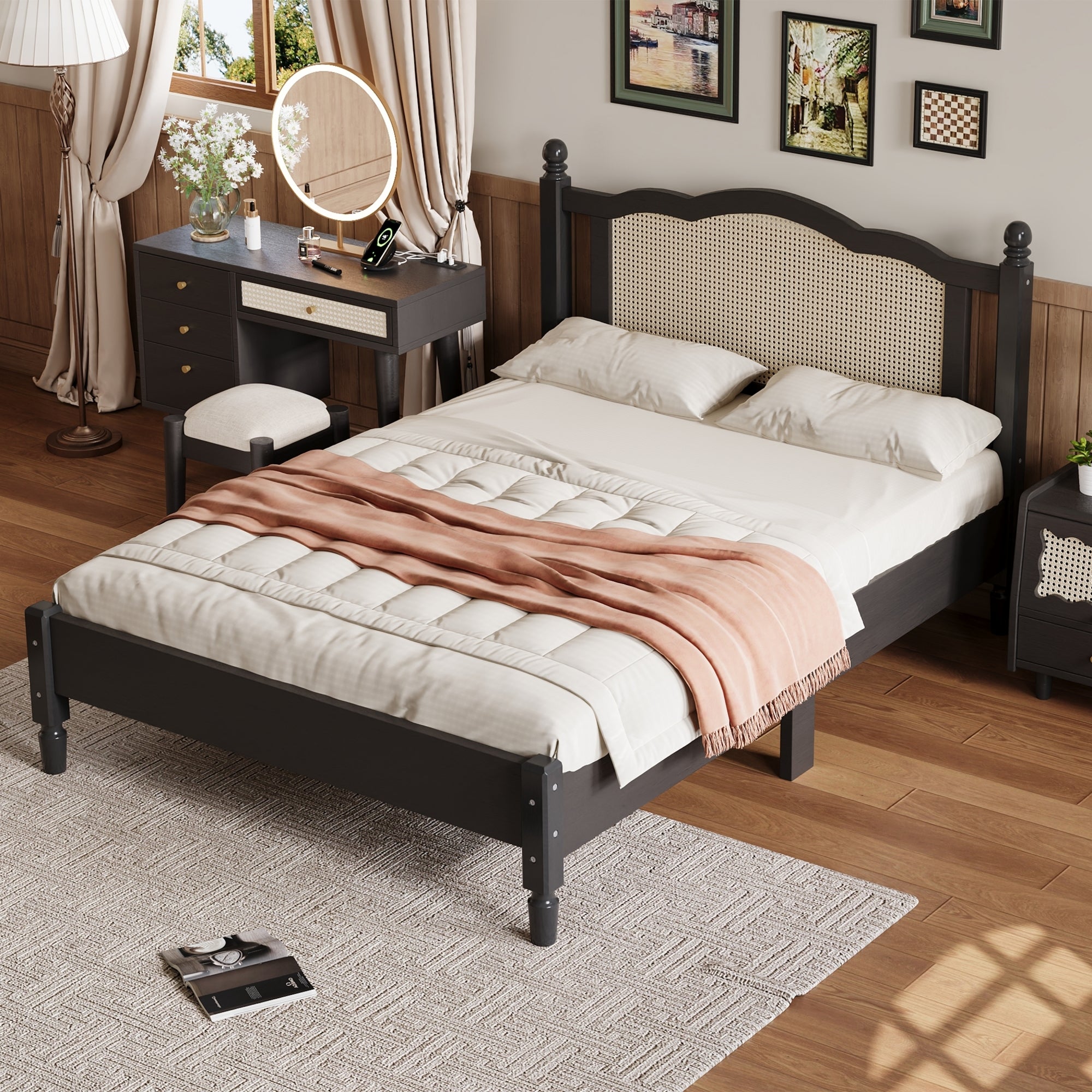 Full Size Wooden Platform Bed with Natural Rattan Headboard, Vintage Bed Frame with Wooden Slat Support, Black