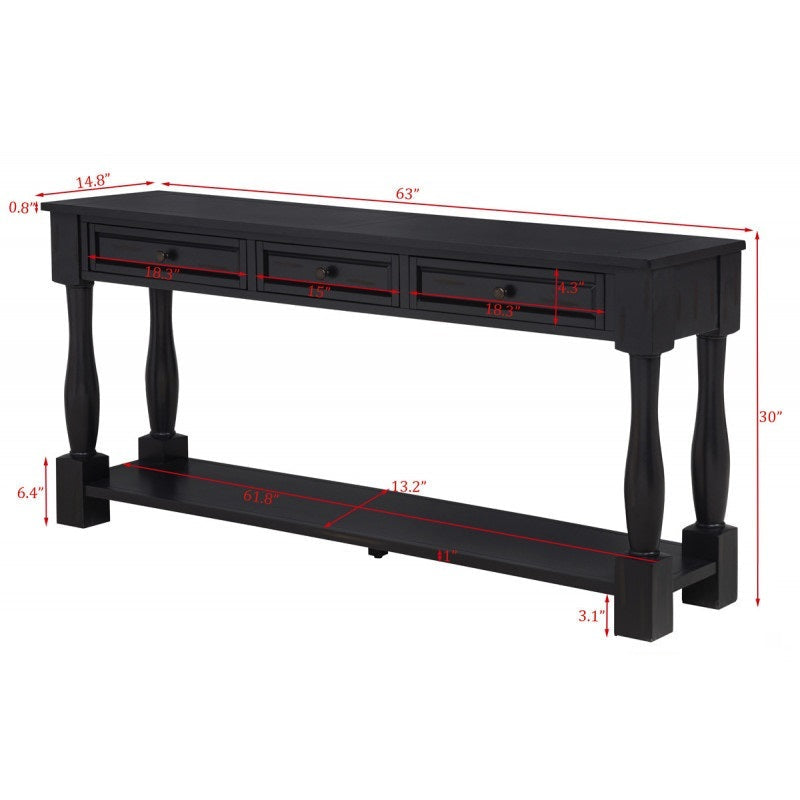 63' Long Console Table with Drawers and Shelf for Entryway, Hallway, Living Room, Acacia Wood Table, Espresso Finish