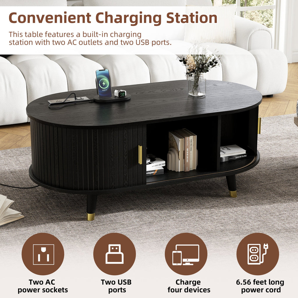 Wooden Farmhouse TV Stand & Coffee Table Set with Charging Station, Oval Fluted Media Console with Sliding Doors for TVs up to 80', Mid-Century Center Table with Solid Wood Legs for Living Room,Black