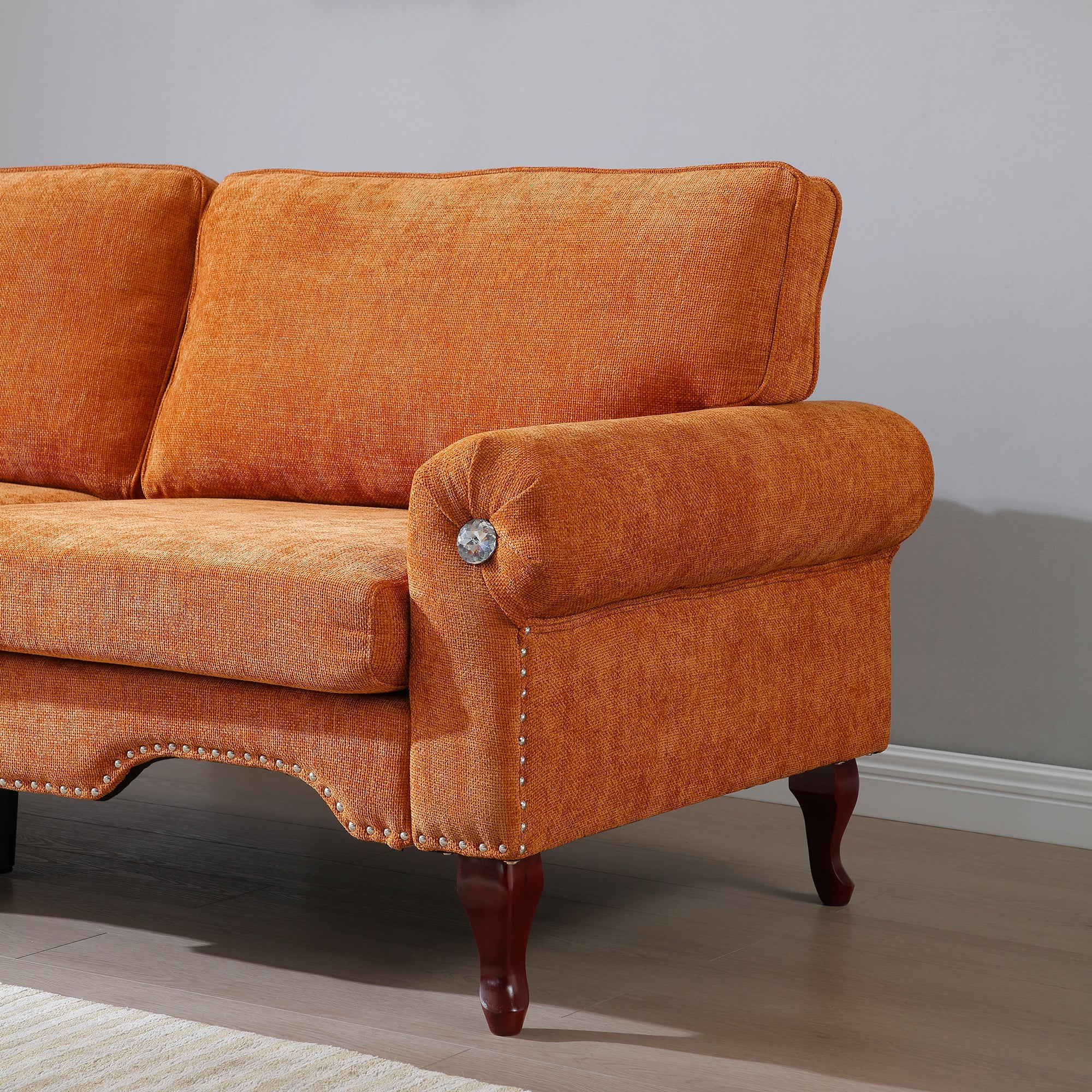 80-Inch Modern Velvet 3 seat Sofa with Wooden Legs & Crystal button and Copper Nail, Tufted Backrest, Perfect for Living Room, Bedroom, or Office (Orange)