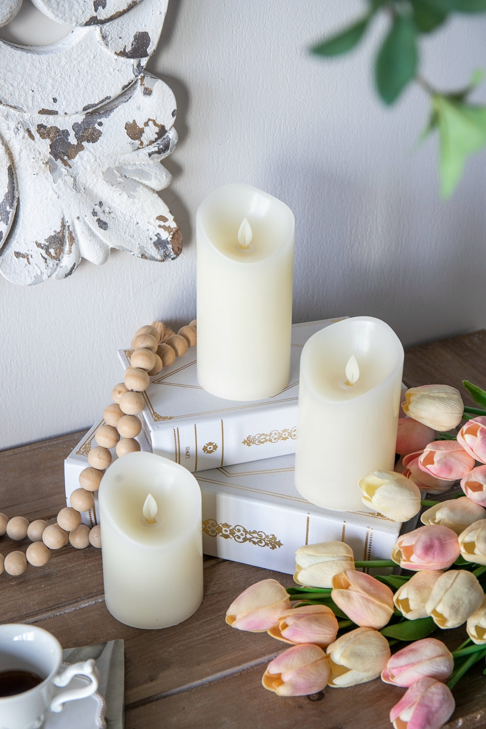 Set of 3 Flickering Ivory LED Candles with Remote Timer, L:D3X6' M:D3X5' S:D3X4'