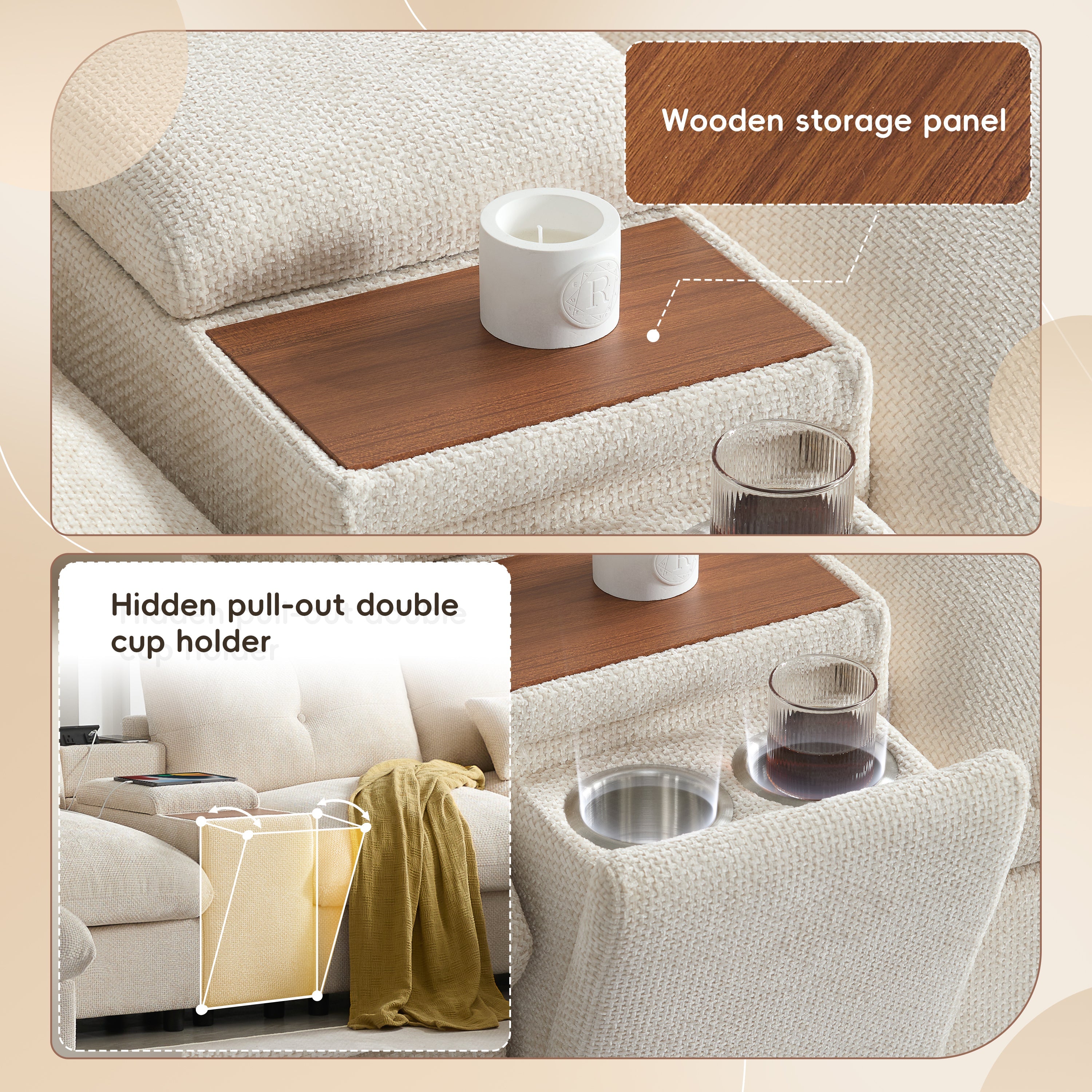 142'' Modular Sectional Sofa with Movable Storage Ottoman and Console,Cup Holder,Wide Seat,6 Seat U Shaped Couch,Oversized Chenille Sofa with USB Charger for Living Room,Apartment,2 Colors
