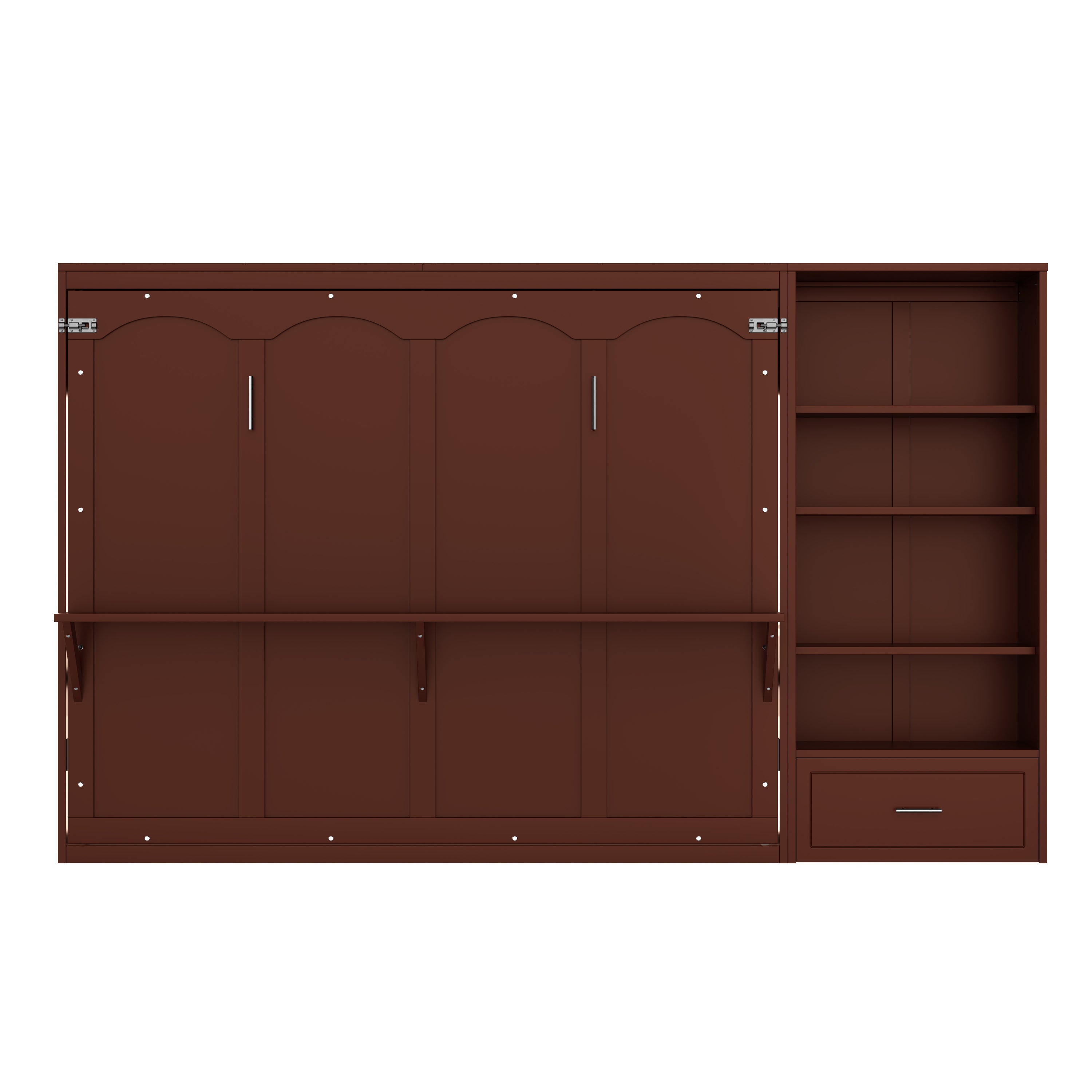 Queen Size Murphy Bed with Height Adjustable Storage Compartments and Shelf, Wall Bed Frame With 1 Drawer, Multifunctional Foldable Platform Bed for Small Space,Bedroom,Guest Room, Walnut