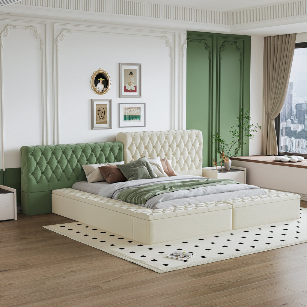 Contemporary Special-shaped Fully Upholstered Bed with Deep Button Tufting and Storage Compartments in Rails and Footboard,No Box Spring Needed,King,Beige