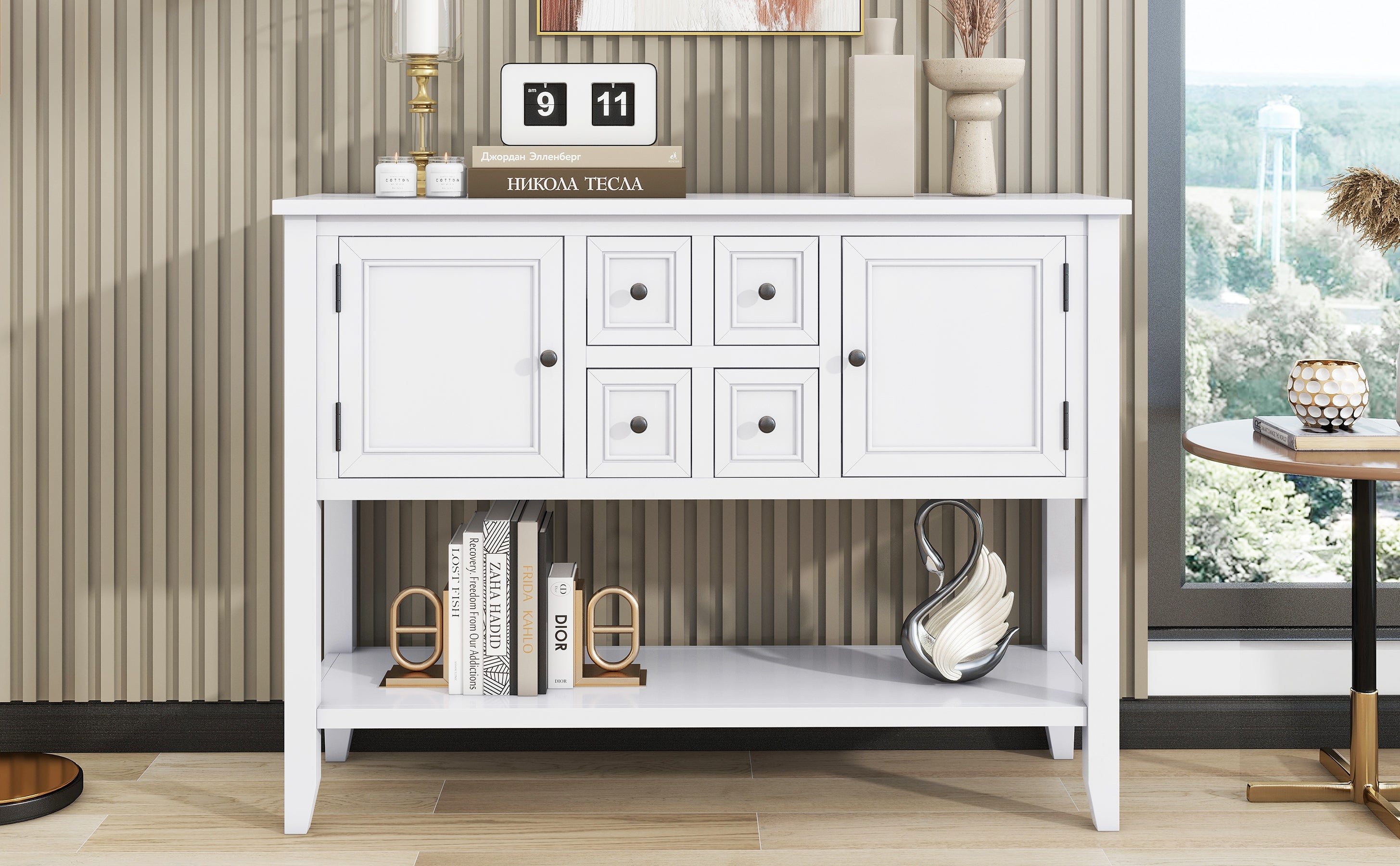 TREXM Cambridge Series  Ample Storage Vintage Console Table with Four Small Drawers and Bottom Shelf for Living Rooms, Entrances and Kitchens (White, OLD SKU: WF190263AAA)