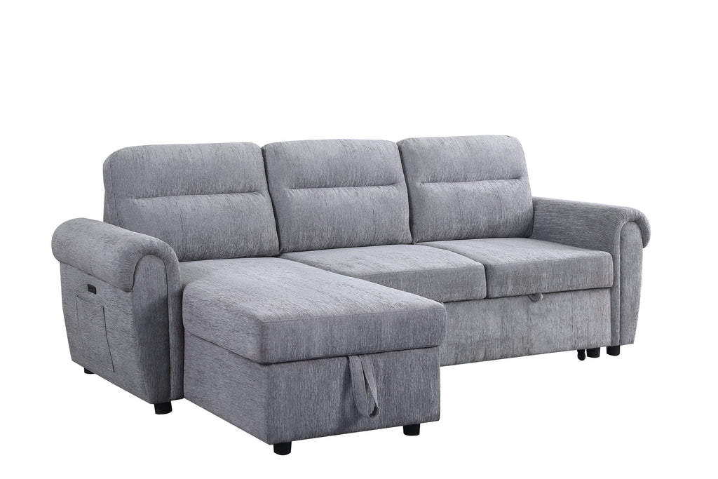 Hugo 97'W Light Gray Chenille Reversible Sleeper Sectional Sofa Chaise with USB Chargers, Phone/Magazine Pockets