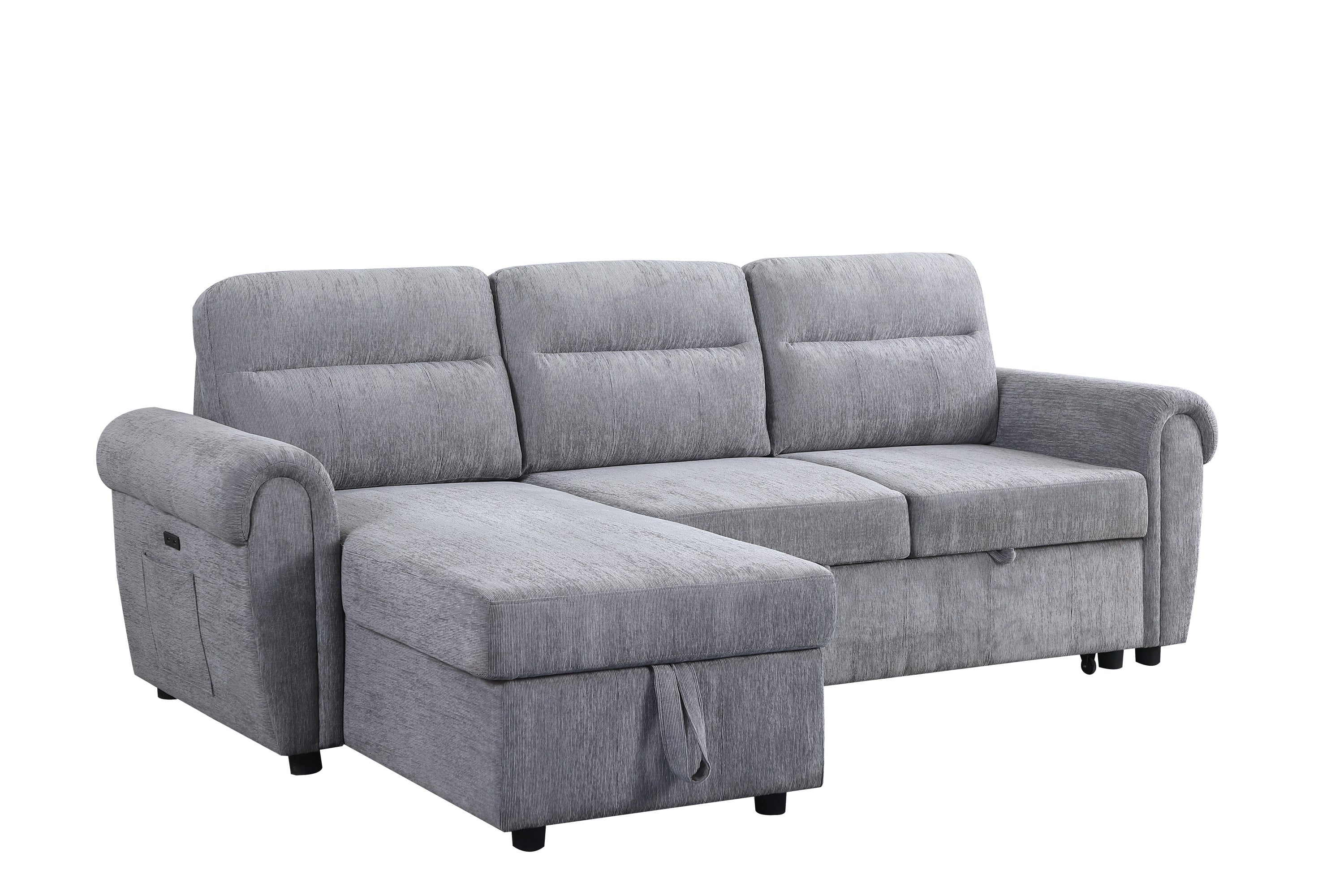 Hugo 97'W Light Gray Chenille Reversible Sleeper Sectional Sofa Chaise with USB Chargers, Phone/Magazine Pockets