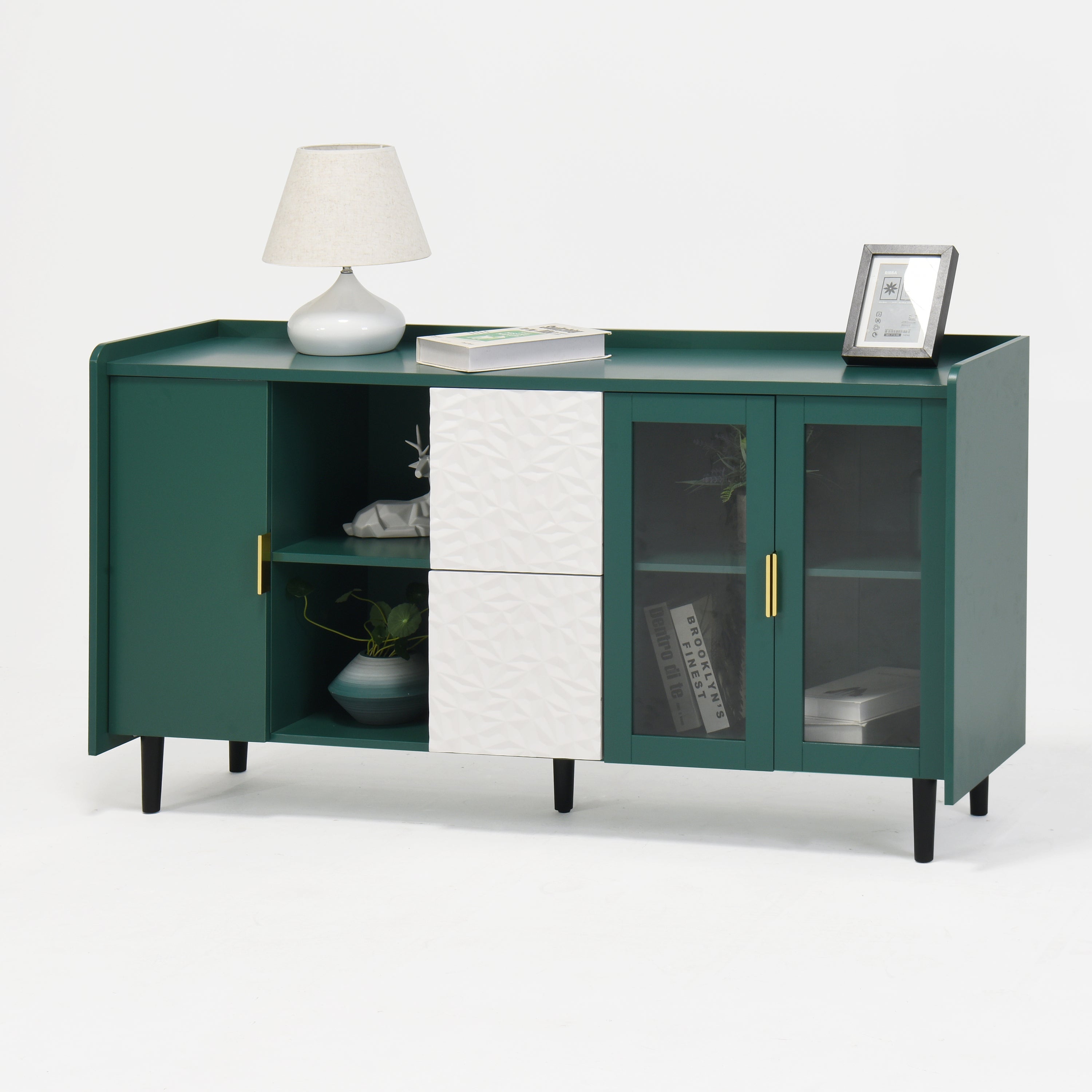 Modern Kitchen Pantry Storage Cabinet , 55" Coffee Bar Storage Cabinet with 2 Drawers, 2 Open Storage Compartment & 2 Glass Doors, Wood Buffet Table for Kitchen, Living Room, Green