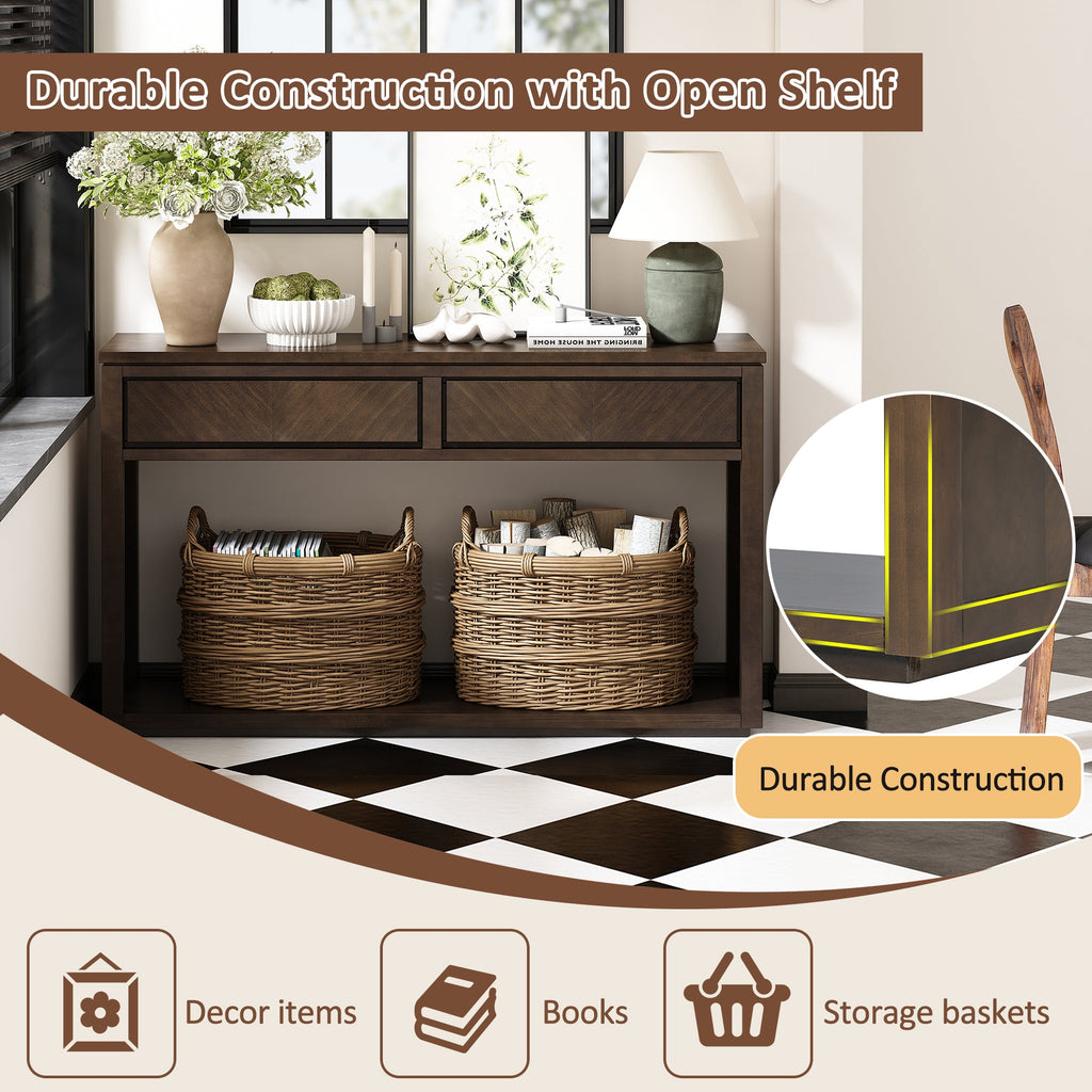 TREXM 55' Console Table, Rustic Wooden Entryway Table with Storage Drawers and Open Shelf, Elegant Sofa Table for Hallway and Living Room (Brown)