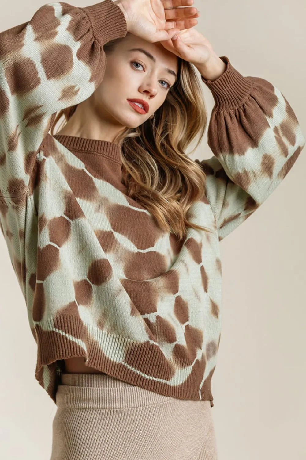 Umgee Full Size Ribbed Hem Tie Dye Round Neck Sweater Plus Size